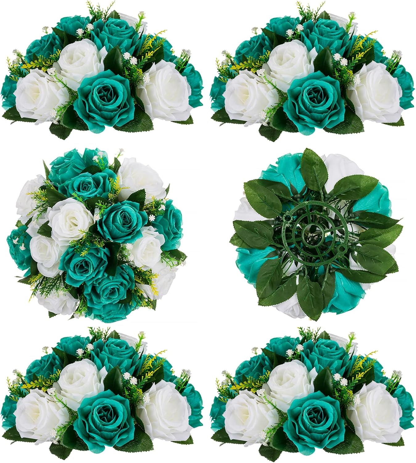 BLOSMON Teal Flowers Artificial Centerpieces: 6 Pcs Fake Roses Flowers Balls for Wedding Dinning Table - Faux Silk Kissing Floral Arrangement for Home Party Event Decor