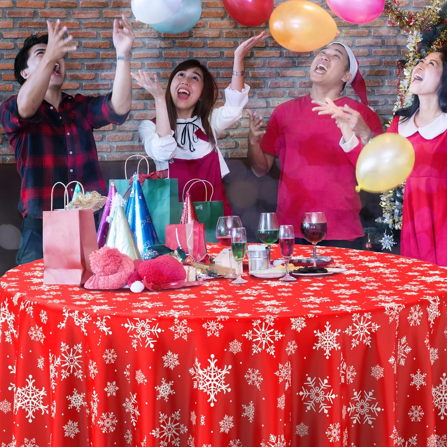 Jectivs 12 Pieces Christmas Snowflake Plastic Party Tablecloth Decorations,84 inch Disposable White Red Round Snowflake Xmas Table Cover Backdrop for Winter Christmas Holiday New Year Party Supplies