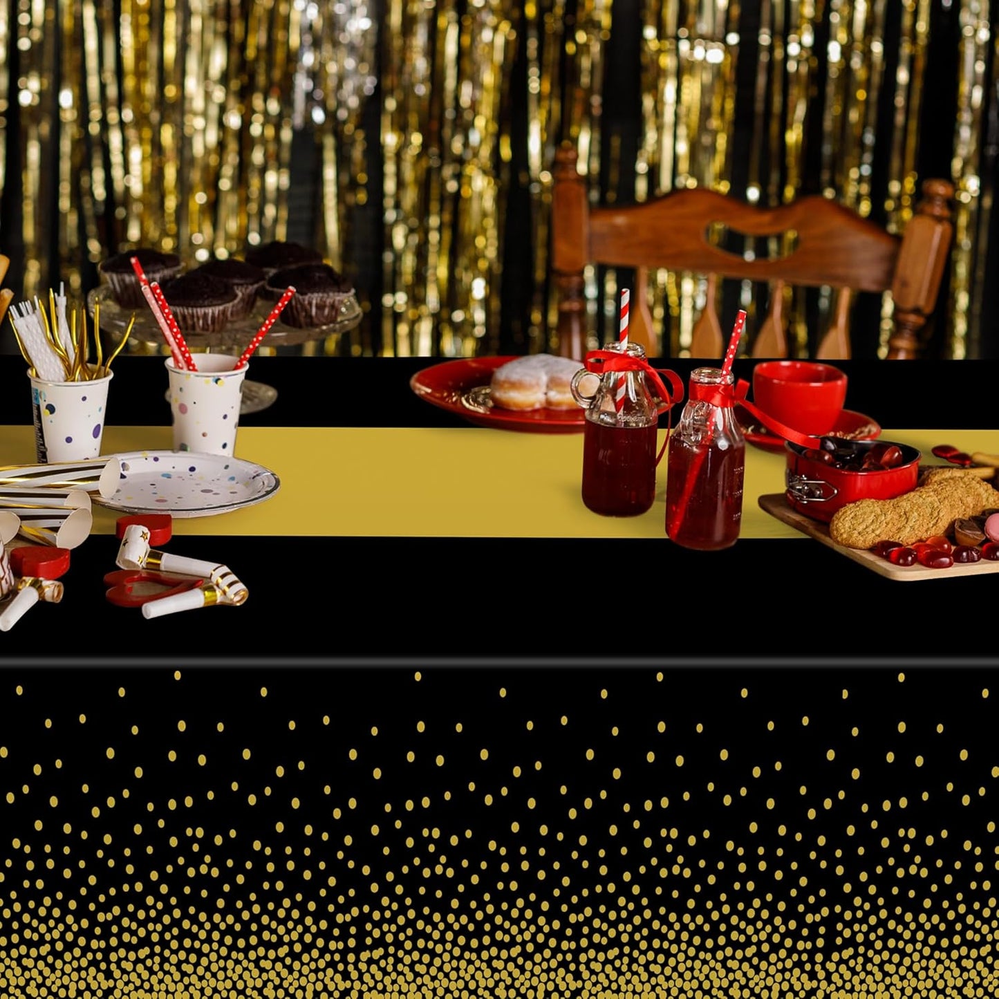 QZYL 12Pack Plastic Table Cloth Disposable, 54" x 108" Waterproof Black Table Cloths with Gold Dots, Outdoor Tablecloth for Rectangle, Table Cloth Cover for New Years Eve Decorations Holiday Birthday
