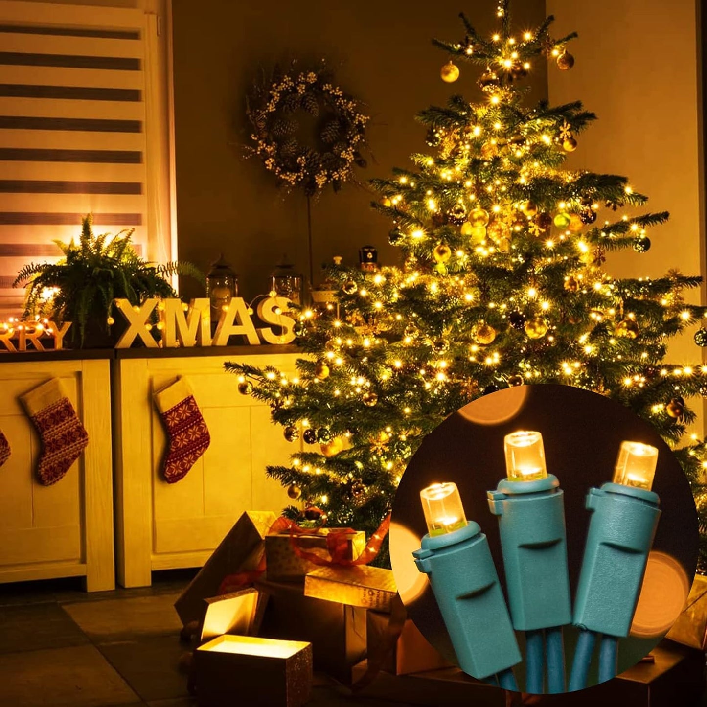 Yellow Wide Angle LED String Lights, 64.8 Ft 300 Count, Pack of 3 Strands 21.9 Ft 100 Lights UL Certified Commercial Grade Green Wire 5mm Holiday String Light