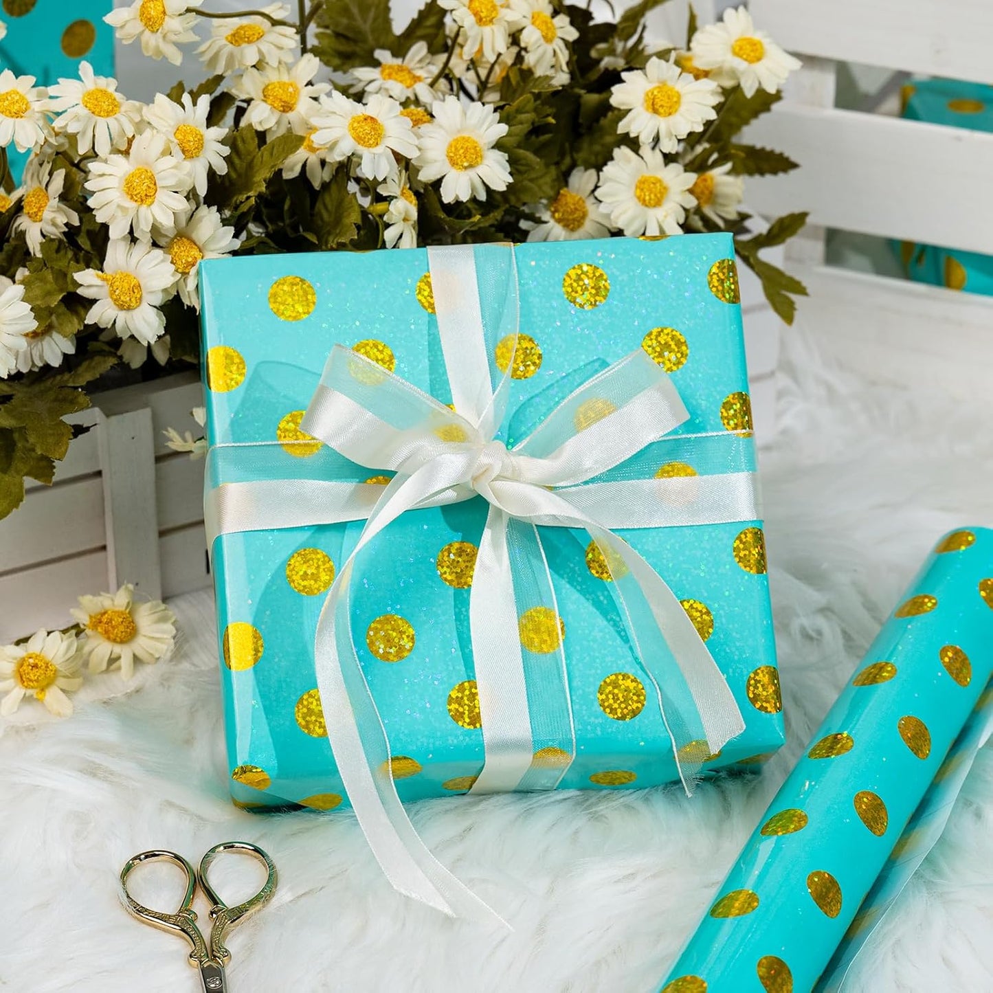 Burymento Blue Holographic Dots Wrapping Paper, Reversible Gold Gift Wrap for Birthday, Valentines, Mothers day, Graduation, Wedding, Fathers day, Baby Shower, Christmas (17in x 16.4ft)