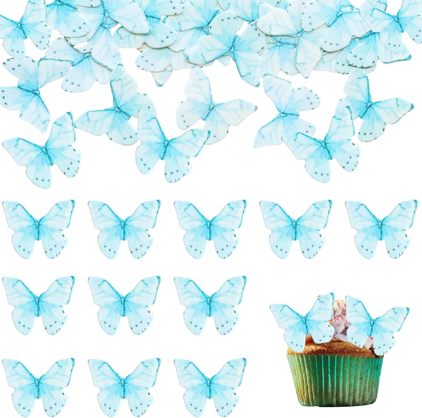 Ephlyn 48Pcs Edible Wafer Paper Butterflies for Cupcake Toppers Picks Edible Butterfly Cake Decorations for Wedding Birthday Party Baby Shower Kids Birthday Party Cake Supplies Light Blue