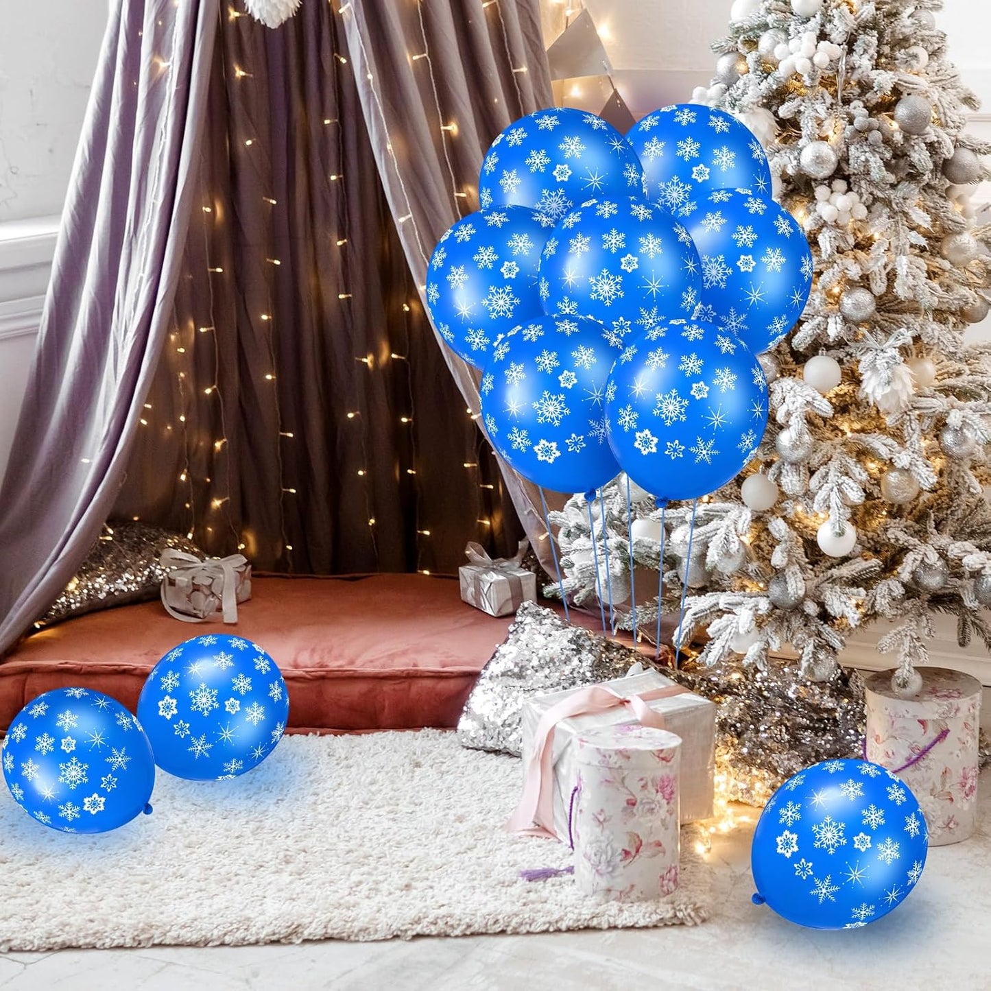 Skylety 40 Pieces Snowflake Balloons Bulk Winter Transparent Snowflake Latex Balloons for Christmas Birthday Wedding Party Decorations(Blue)