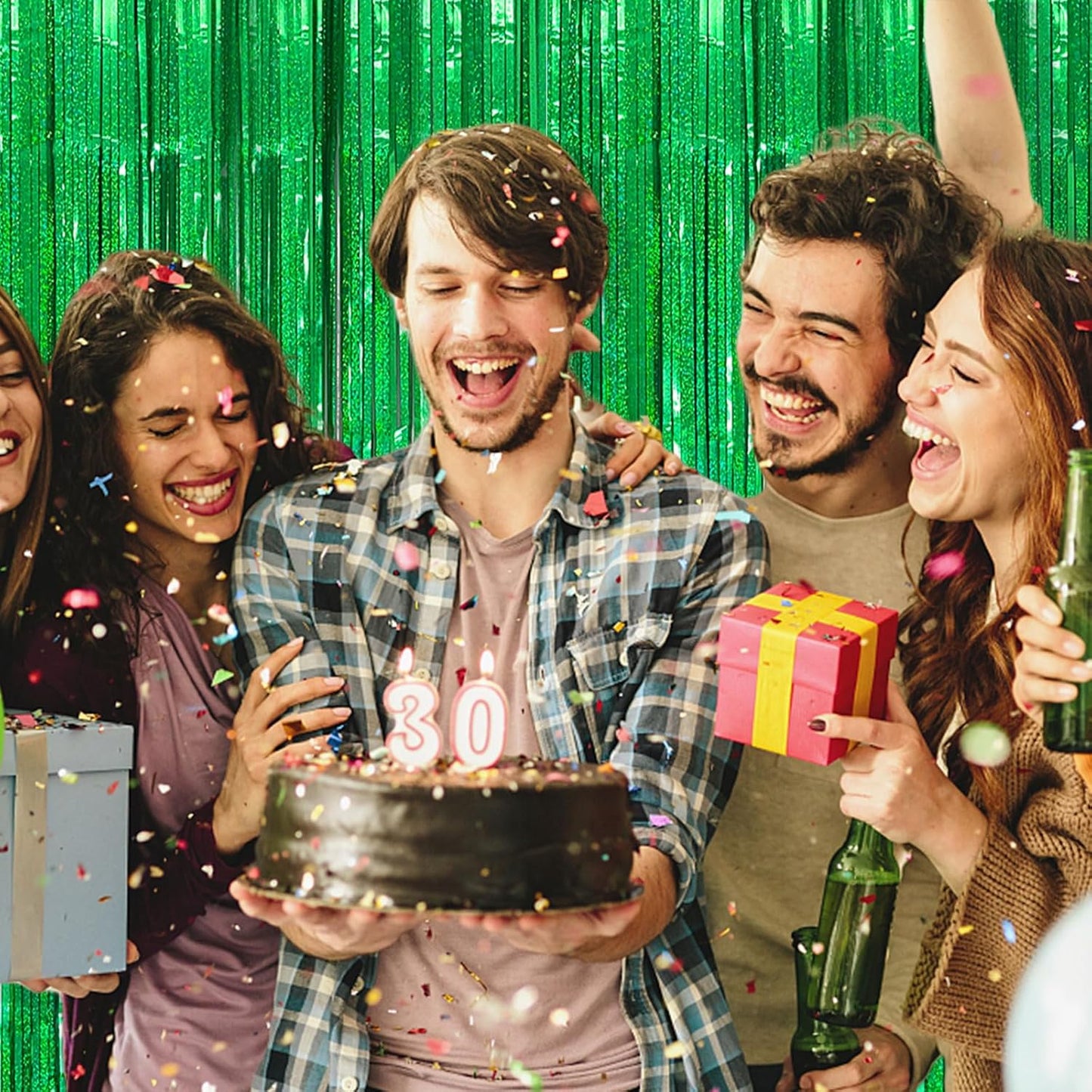 5 Pack Green Streamers Backdrop Metallic Foil Fringe Tinsel Curtains for Birthday Dinosaur Animal St Patrick's Day Football Christmas Jungle Theme Party Decorations