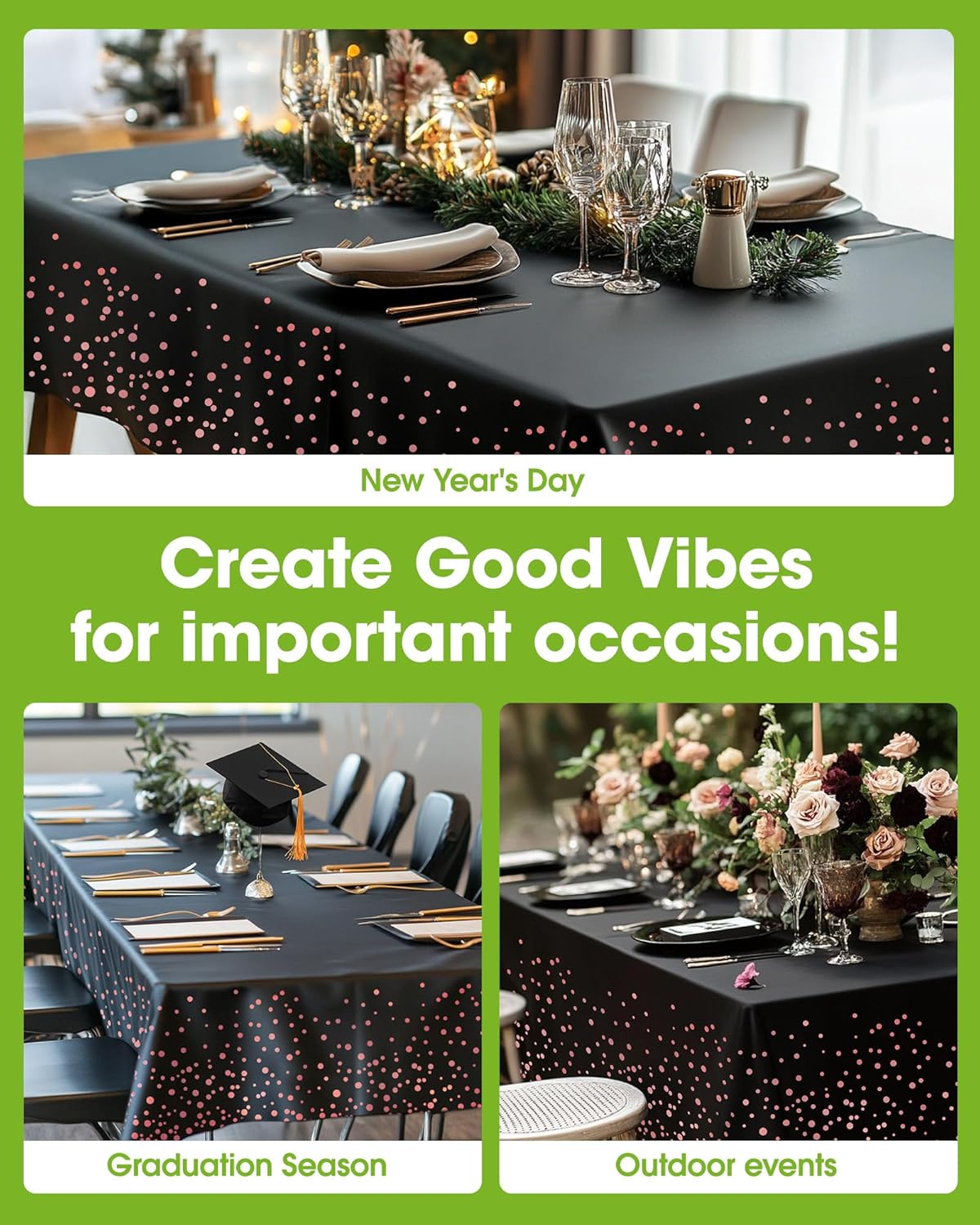 Pureegg Plastic Table Cloth Disposable 10 Pack, 54 x 108 Inch Table Cloths, Graduation Decorations of 2025, Graduation Tablecloths, Rectangle, Plastic Cover, Leakproof & Sturdy, Black and Rose Gold