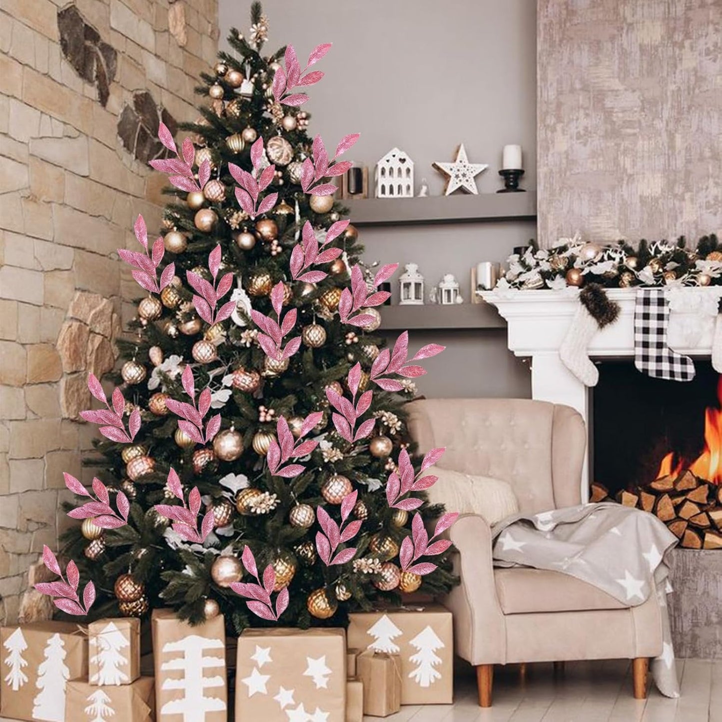 GREENTIME 12 Pack Artificial Pink Glitter Leaves 13" Fake Christmas Picks Decorative Glitter Sticks for Vase Christmas Tree DIY Wreath Crafts Fireplace Decor