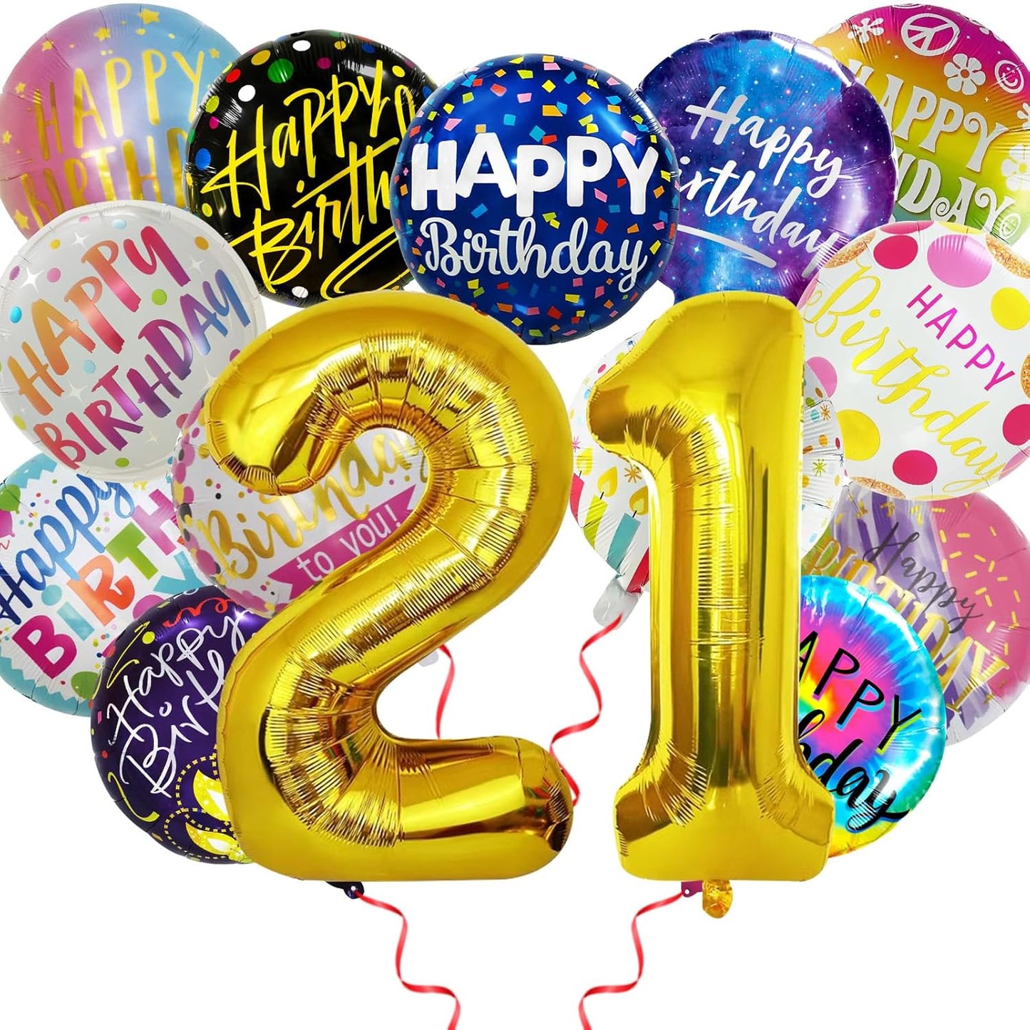 50 Pcs Happy Birthday Party Aluminum Foil Balloons and 21th Birthday Balloons, 18 Inch Round Aluminum Foil Balloon with" Happy Birthday" Sign, Birthday Party Decorations for Boys/Girls (Yellow, 21)