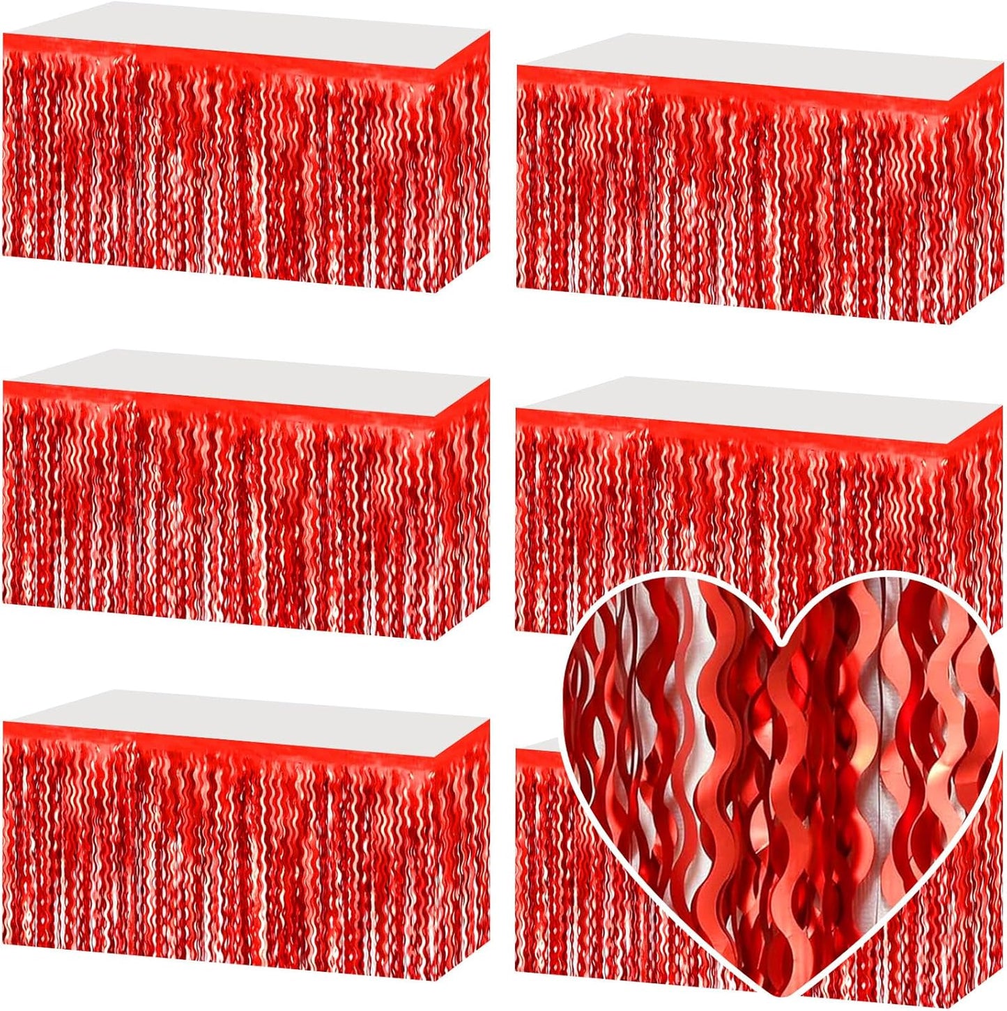 6 Pack 29x108 Inch Red Wave Foil Fringe Table Skirts Metallic Banner for Tinsel Streamer Garland Backdrop for Parade Floats Wedding, Mother's Day, Birthday Mardi Gras Party Decorations