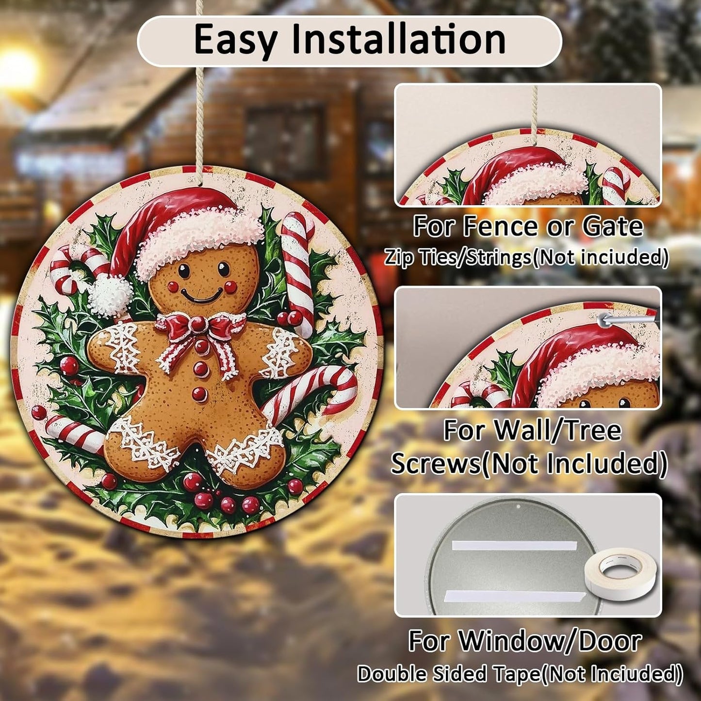Round Christmas Metal Tin Sign Rustic Wall Decor Gingerbread Man Vintage Tin Sign Candy Canes Christmas Tin Sign for Home Garden Kitchen Bar Cafe Restaurant Garage Wall Decor 8 * 8 in