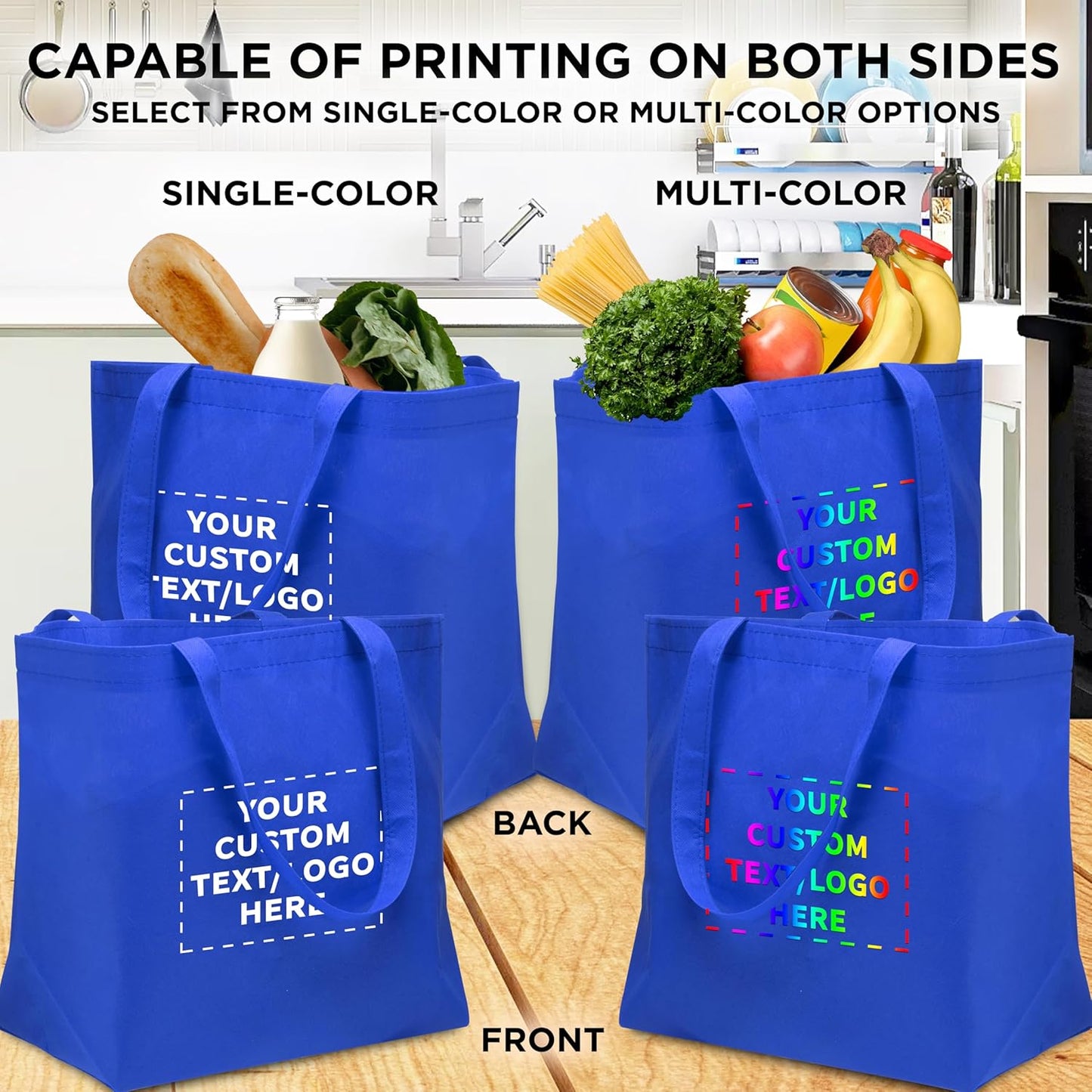 DISCOUNT PROMOS Custom Southern Style Grocery Tote Bags Set of 50 - Personalized Bulk Pack, Reusable Grocery & Shopping Bags - Great for Travel, Carry on Bag, Business Promotions - Blue - 20"X13"X8"