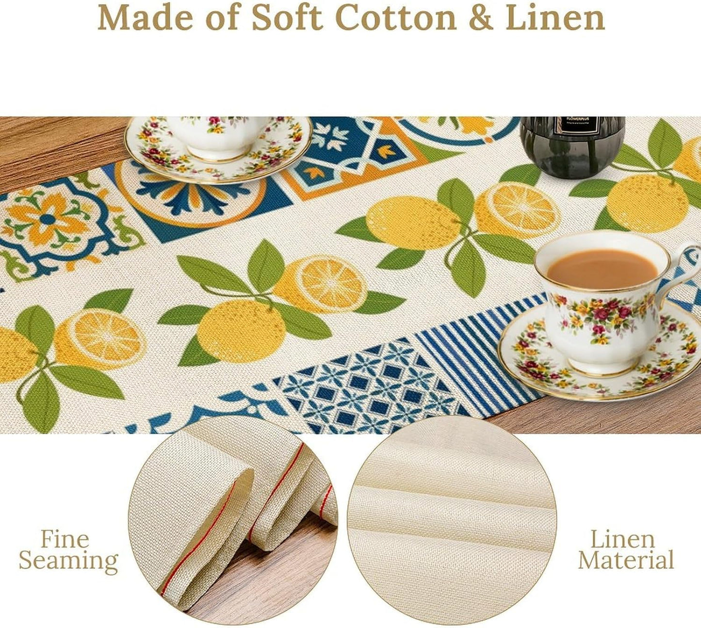 Lemon Table Runner,Watercolor Blue Fruits Green Leaves Print Table Cloth Kitchen Dining Table Home Party Decoration 13x36 Inch