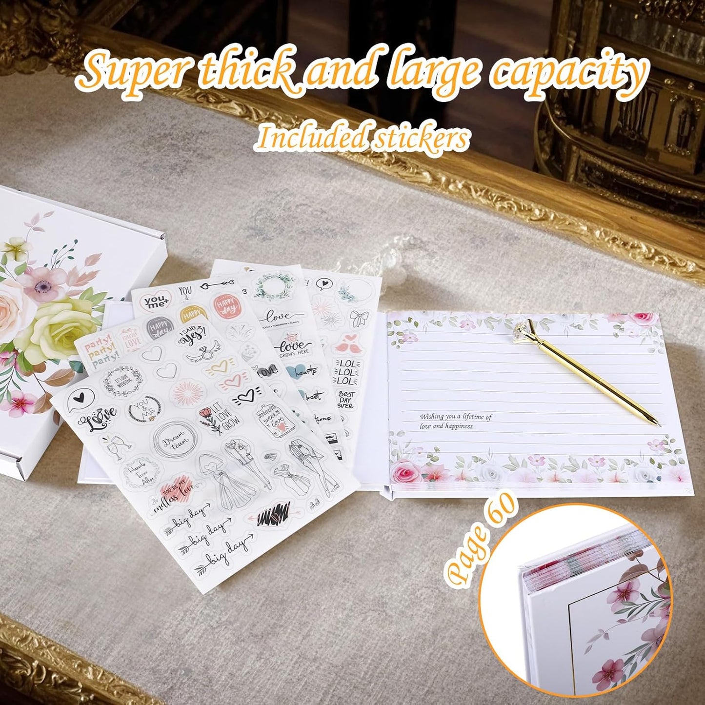 Wedding Guest Book,9x7''120 Page/60 Sheets Hardcover Personalized Wedding Guestbook Photo Album Sign in Book with Sign in Pen and Creative Stickers for Weddings,Baby Shower, Party Birthday,Graduation