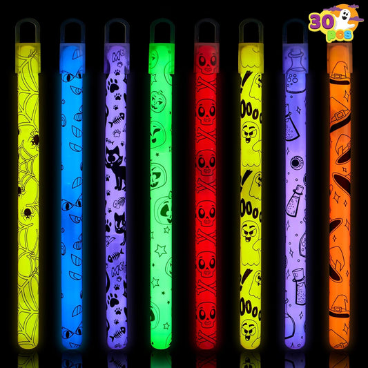 JOYIN 30 Pcs Halloween Glow Sticks Bulk Party Pack, Hanging Wands in 8 Design, 6 Color Light Up Stick for Kid Glow in The Dark Halloween Party Favor Supplies, Goodie Bag Filler, Trick or Treating Gift