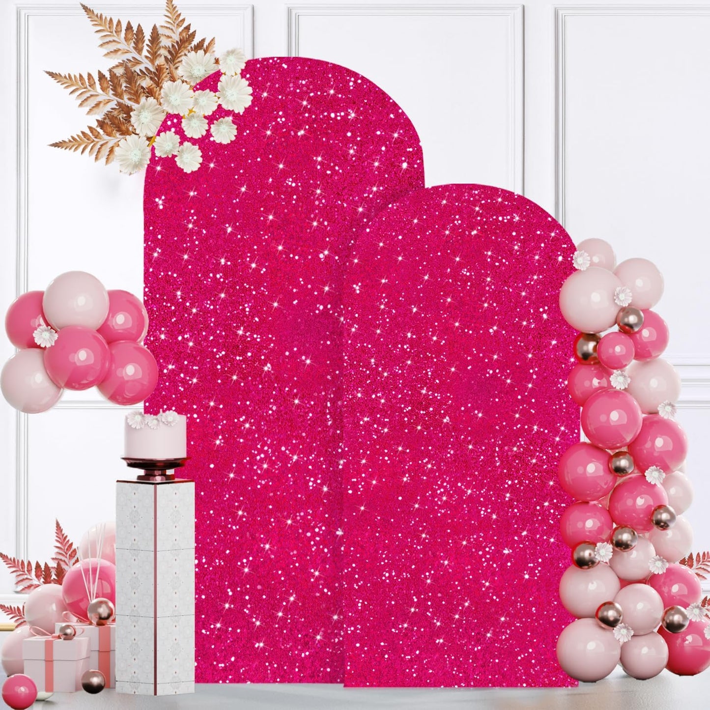 MODFUNS Arch Backdrop Stand and Cover Set 6&7.2ft Hot Pink Sequins Arch Backdrop Cover Metal Arch Frame with Covers Double Sided Arch Stand Covers for Wedding Party Baby Shower Decoration
