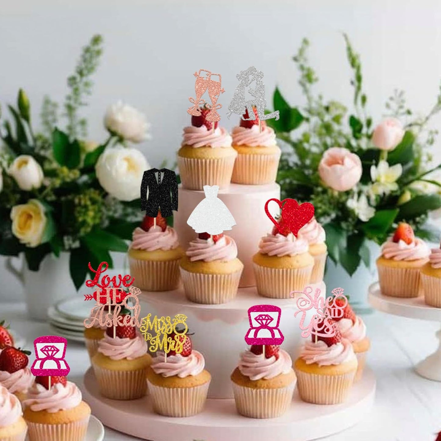 30 Pack Bride to be Cupcake Toppers Glitter Diamond Ring Love I Do Cupcake Picks Miss to Mrs He Asked She Said Yes Bridal Shower Wedding Engagement Bachelorette Cake Decorations Party Colorful