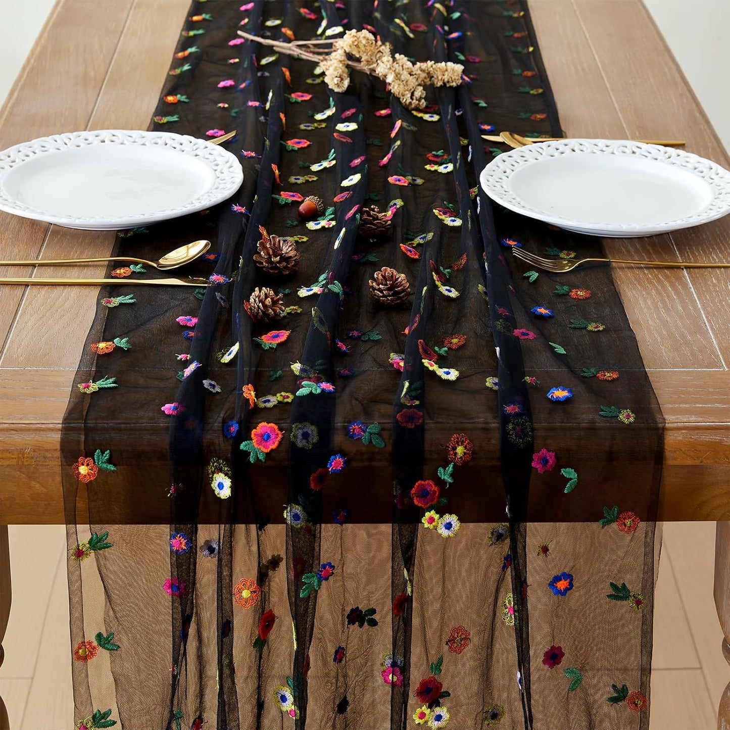 JIALE 3 Pack Black Floral Table Runner, Embroidery Daisy Seasonal Table Decorations, 120Inch 10FT Tulle Fabric for Home Decor, Bridal Shower Wedding, Baby Shower Parties, DIY Craft