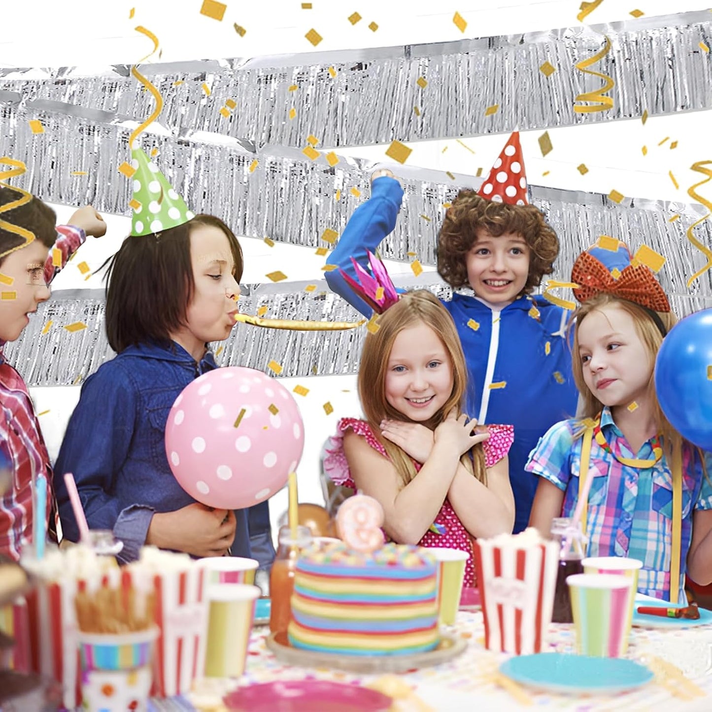 Silver Foil Fringe Garland 10FT 2packs, Metallic Foil Tinsel Fringe Banners for Parade Float Decorations Wedding, Birthday Party Graduation (Two Silver)