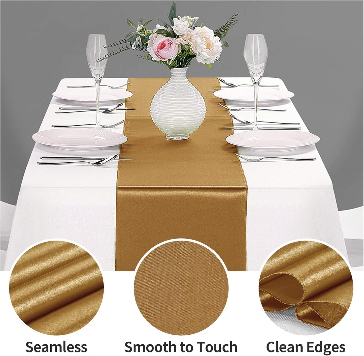 10-Pack Satin Table Runner Old Gold 12 x 108 inches Long, Table Runners for Wedding, Birthday Parties, Banquets Decorations（10 Pack, 12x108 Inch, Old Gold）