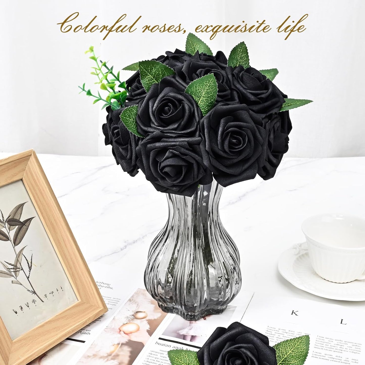 BLEUM CADE 16Pcs Artificial Flowers Fake Roses with Stems, Black Boxed Foam Roses for DIY Bouquets Centerpieces Wedding Party Arrangement Bridal Shower Decor