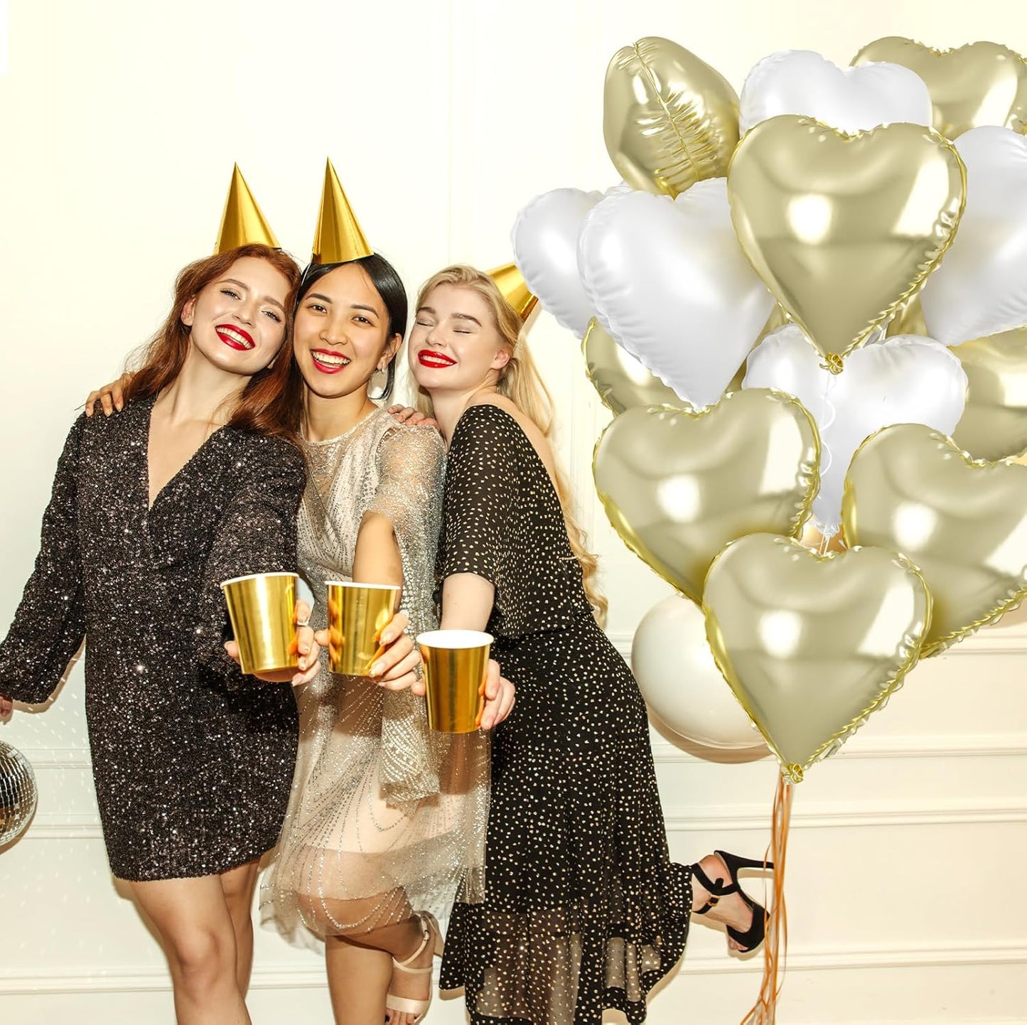 Biapian Pastel Gold Heart Balloons - 10 Pcs, 18 Inch, White Foil, Helium for Valentine's Day, Birthday, Wedding, Baby Shower Decoration