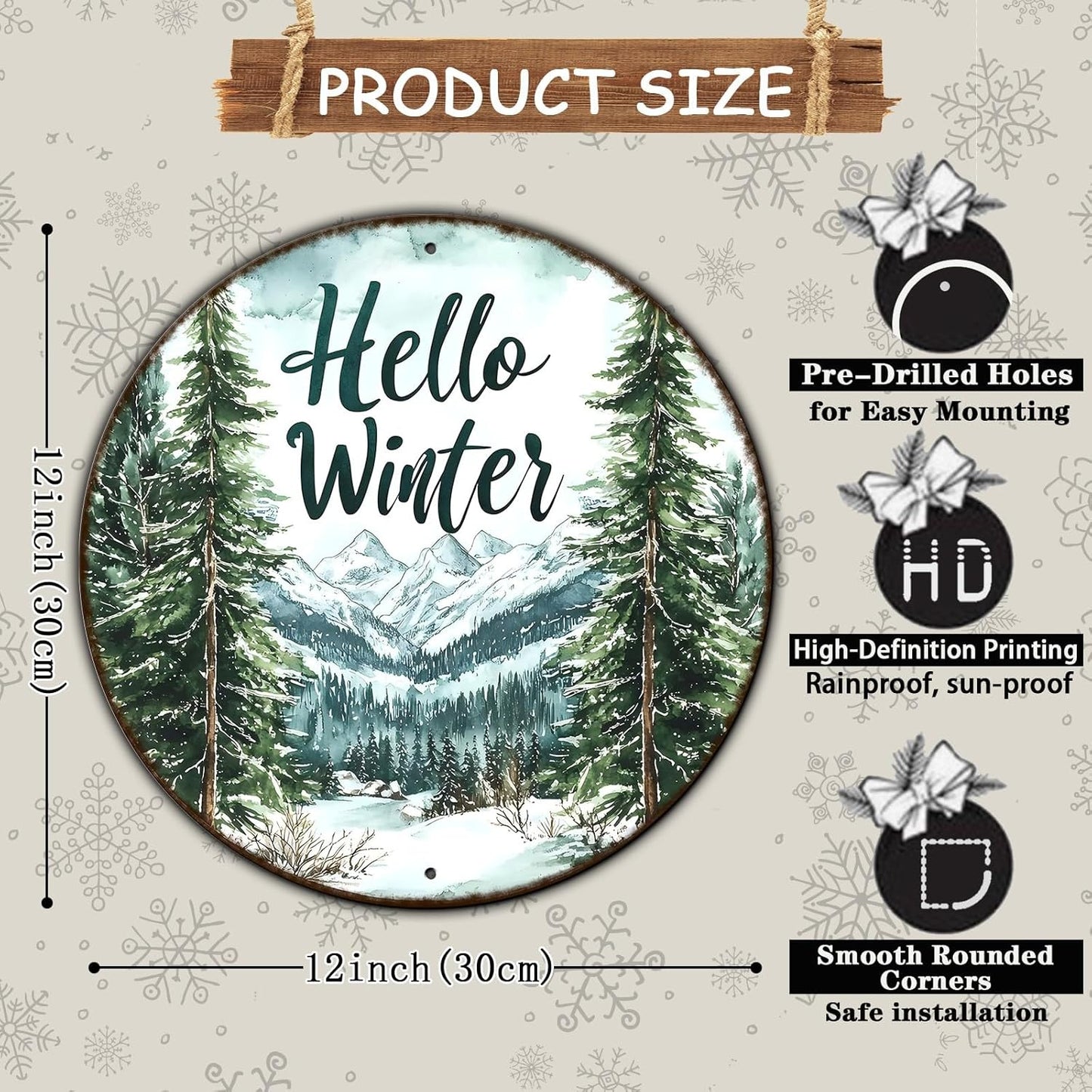 Round Christmas Metal Tin Sign Hello Winter Sign Christmas Pine Trees Welcome Door Sign Xmas Winter Holiday Farmhouse Rustic Wreath Sign for Indoor Outdoor Home Wall Window Decor 12*12 in