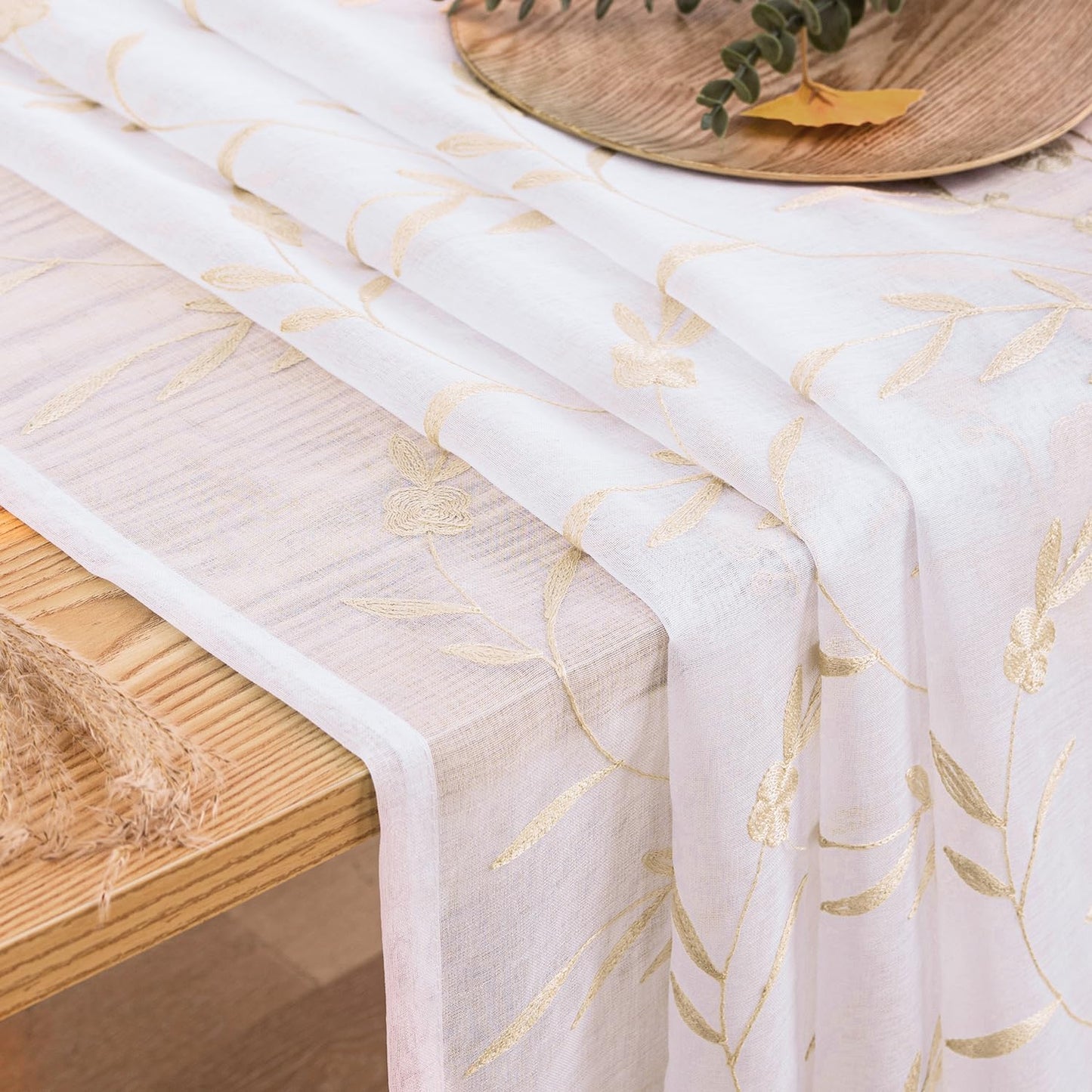 Sheer Curtains Embroidery 63 Inch Length White-Beige Rod Pocket Voile Drapes for Living room, Bedroom, Window Treatments Semi Flower Pattern Curtain Panels for Yard, Farmhouse, Set of 2, 52"x 63".