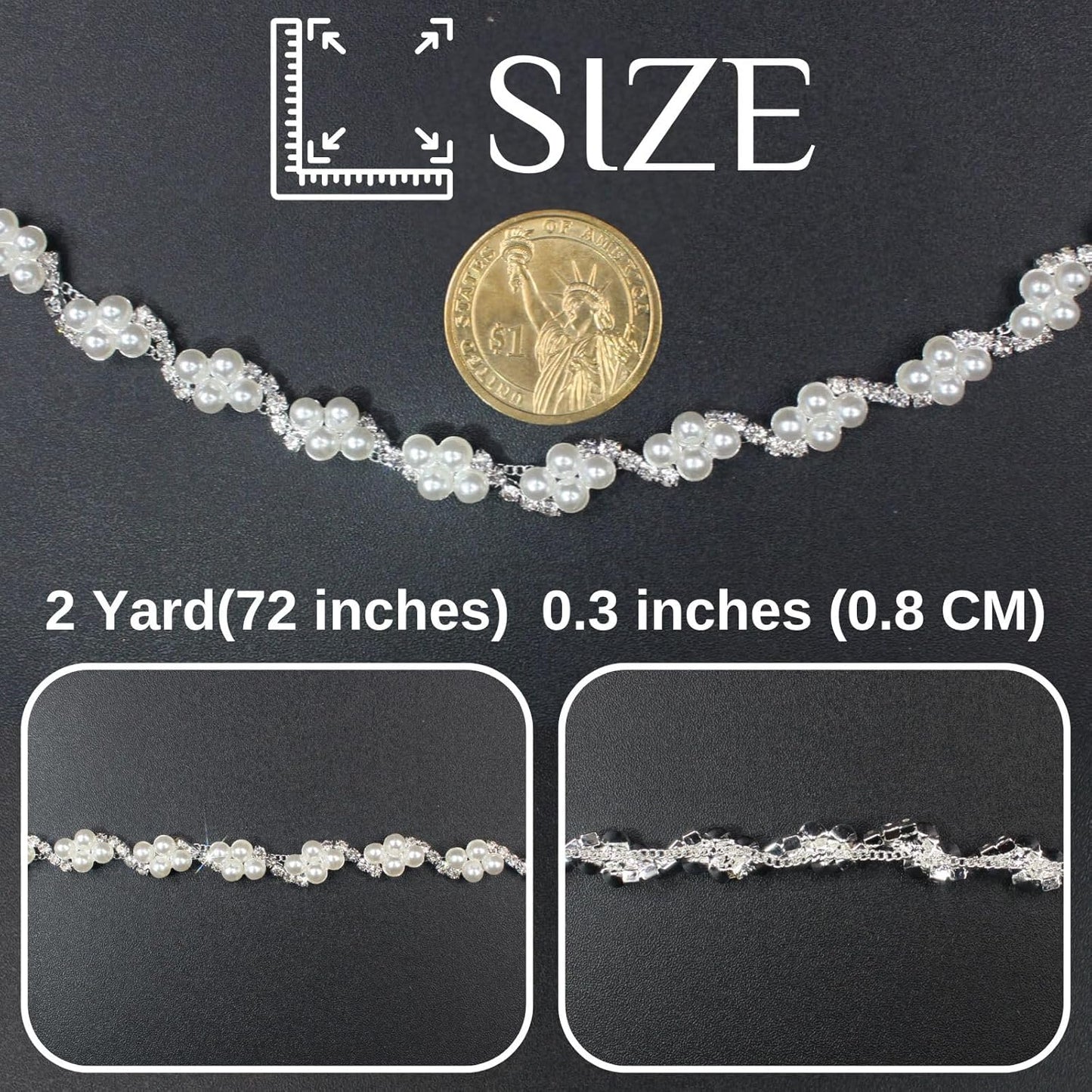 PEARLY JUN 2 Yards Pearl Rhinestone Trim Chain Silver Crystal Fringe Diamond Applique Ribbon String Tassel Strip for Sewing Wedding Dress Crafting Crafts Flower Embellishments