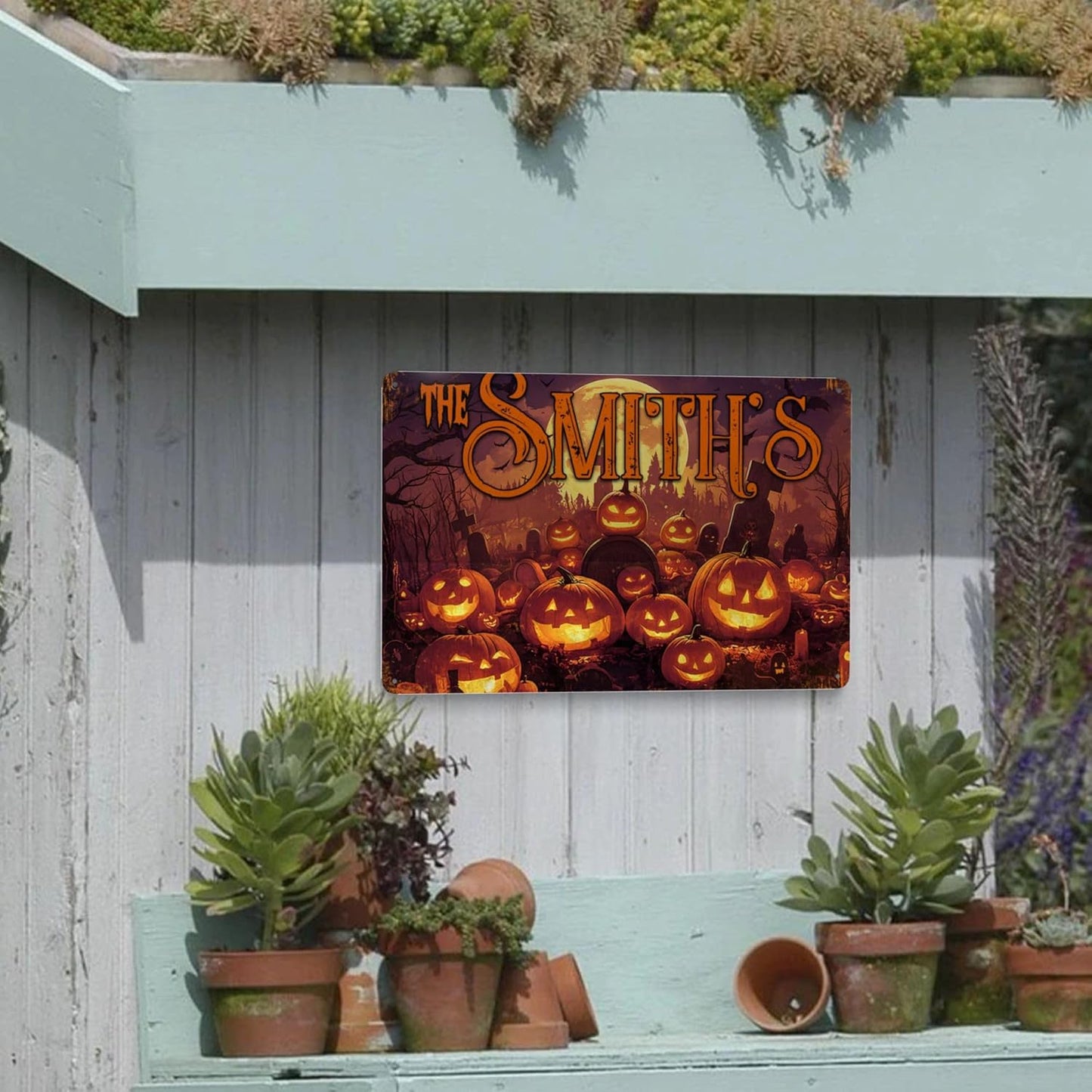 Personalized Halloween Metal Sign with Family's Name or Text Custom Pumpkin Wall Decor Signs Fade Resistance for Indoor Outdoor Spooky Gifts for Friends Family