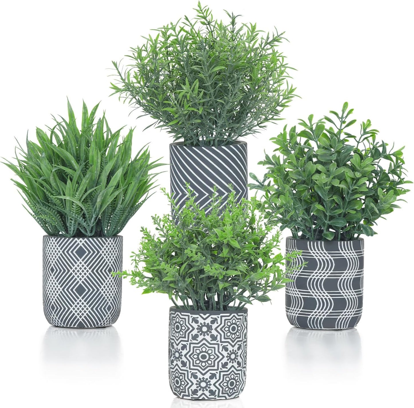 4 Pack Small Fake Plants, Fake Grass Plant, Artificial Boxwood & Rosemary, Lavender with Geometric Pattern Cement Pots, Small Potted Faux Greenery for Home Decor, Office, Indoor&Outdoor Decor