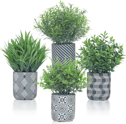 4 Pack Small Fake Plants, Fake Grass Plant, Artificial Boxwood & Rosemary, Lavender with Geometric Pattern Cement Pots, Small Potted Faux Greenery for Home Decor, Office, Indoor&Outdoor Decor