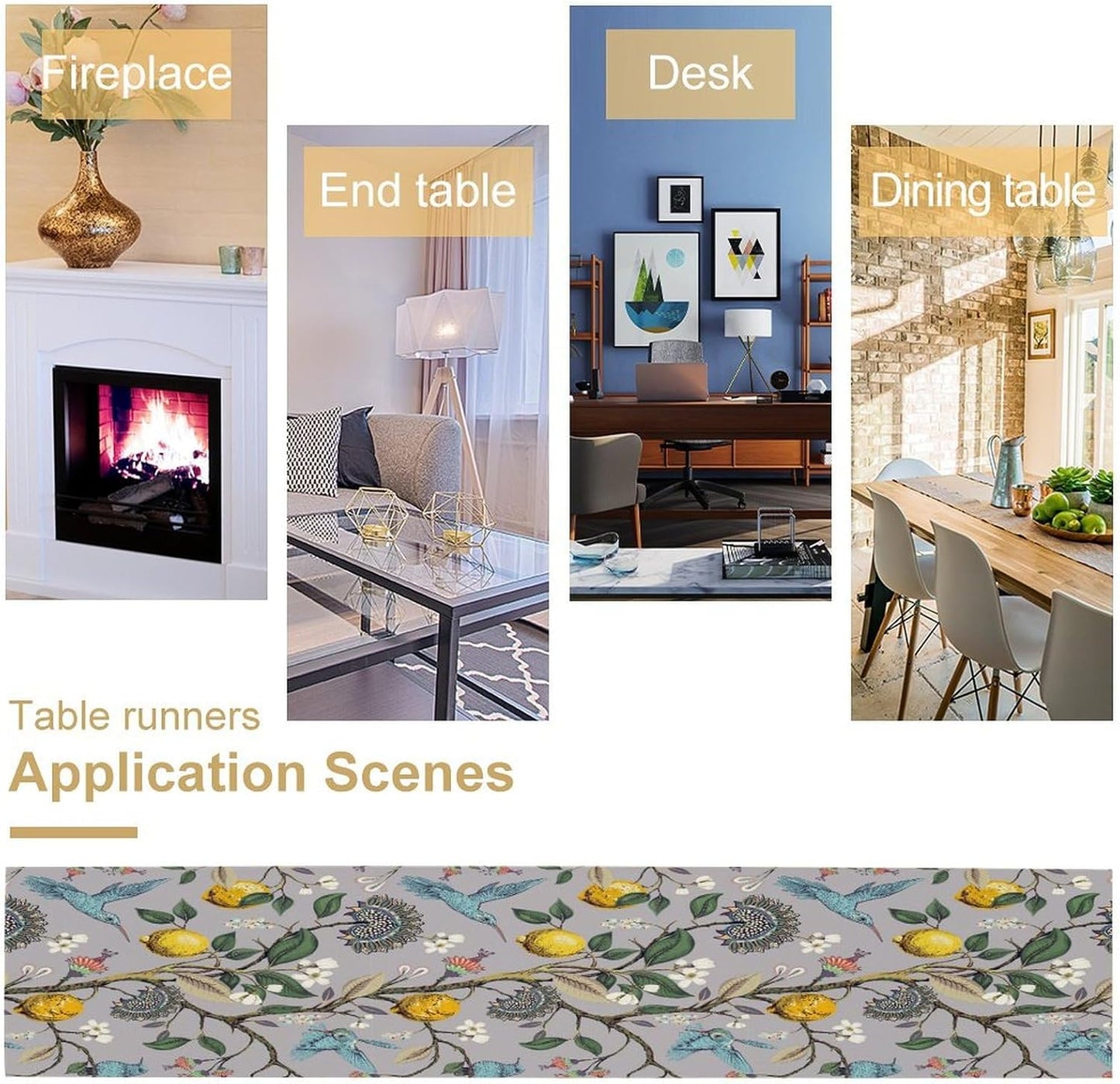 Table Runner with Flowers and Birds, Spring Plant Flowers Table Decoration Linen Table Runner Family Party Party Decorations 13x120 Inches