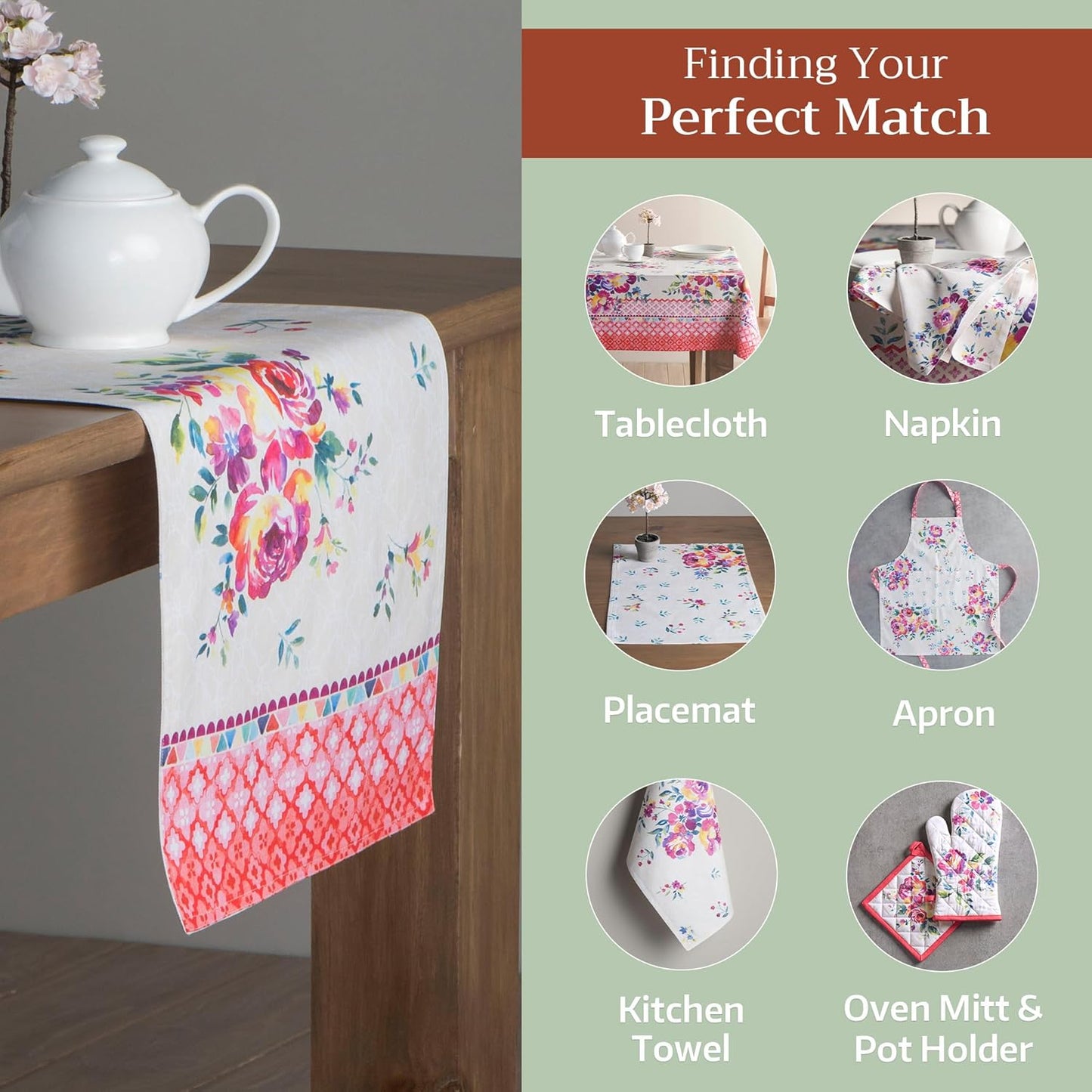 Maison d' Hermine Table Runner 100% Cotton Double Layer Table Runners 72 inches Long Decorative for Kitchen Dining Party Baby Shower Wedding Bridal Shower Spring Summer (Rose Garden, 14.50" x 72")