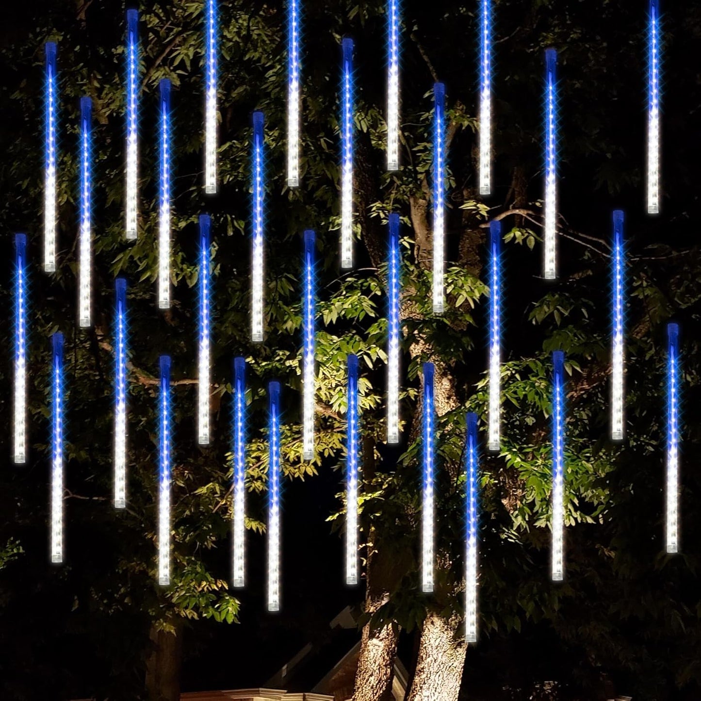 Dazzle Bright 288 LED Christmas Light, 11.8 Inch Meteor Shower Rain Lights with 8 Tubes，Waterproof Plug in Falling Rain Lights Christmas Decorations for Xmas Bushes Tree Yard Party, Blue and White