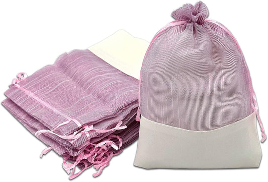 TheDisplayGuys For Your Modern Living 24-Pack Linen & Pink Organza Gift Bags with Drawstrings (Large 5 1/2 x 8) - Party Favors, Samples, Treats Mesh Pouches