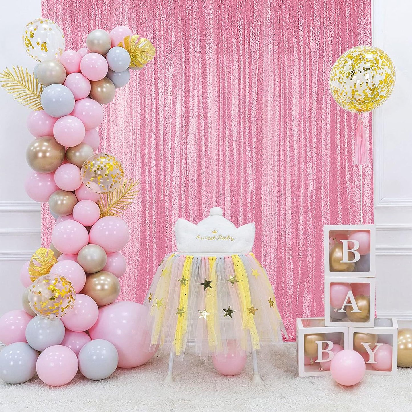 Hahuho Pink Sequin Backdrop Curtain, 4PCS 2FTx8FT Glitter Backdrop Curtain for Parties, Christmas, Wedding, Banquet Decoration（4 Panels, 2FT x 8FT, Pink）