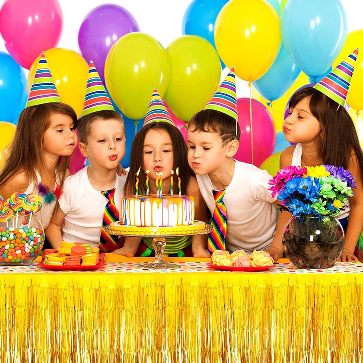 4 Pack 29x108 Inch Metallic Foil Fringe Tinsel Table Skirts for Rectangle Tables Streamer Curtains Backdrop for Wedding, Birthday, Parade Floats, Christmas, Halloween Party Decoration(Gold)