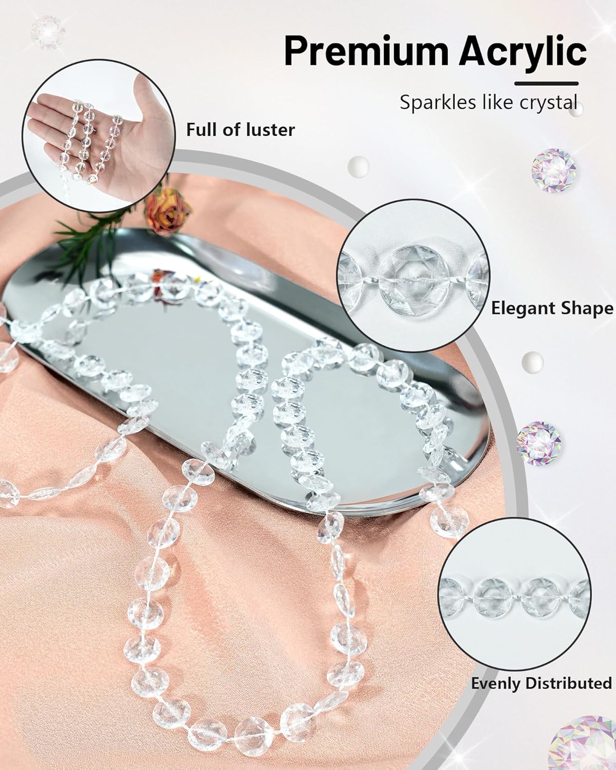 99FT Acrylic Crystal Garland, Clear Diamond-Shaped Crystal Bead Strands, DIY Crystal Beads String Roll for Wedding Decorations Party Decorations Beaded Curtain Crafting Projects