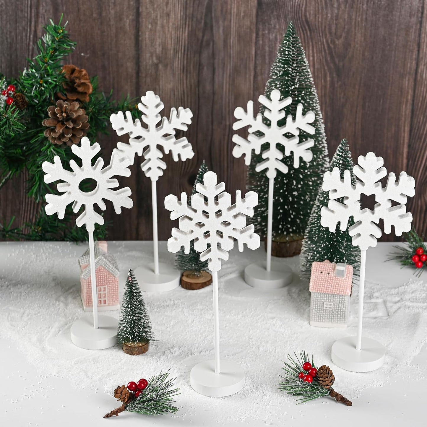 5 Pcs Wooden Christmas Snowflake Sign Winter White Glitter Snowflake Decorations Holiday Wonderland Snowflake Wood Stand Signs for Xmas Party Home Tabletop Tiered Tray Decor
