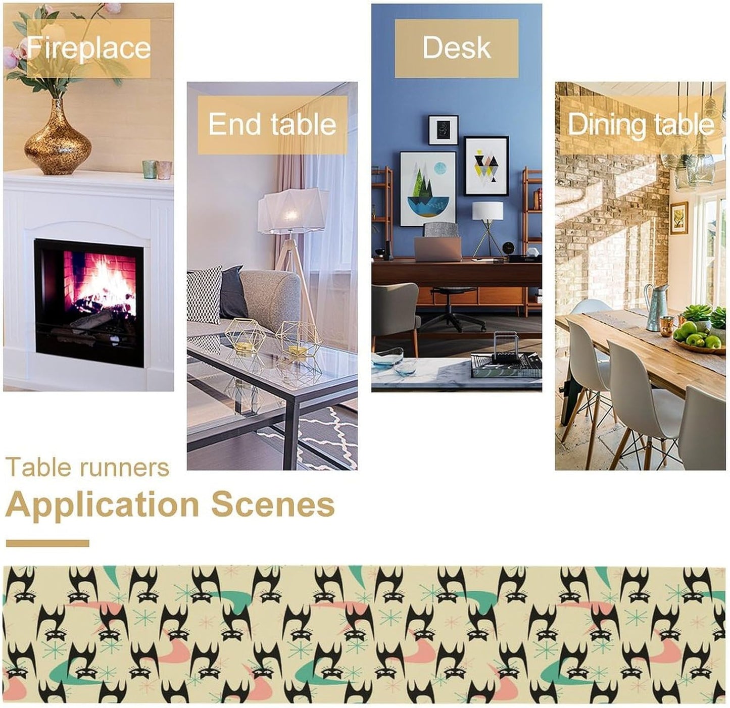 Mid Century Table Runner,Cat Geometric Stripe Colorful Abstract Pattern Print Tablecloth Burlap for Hotel Indoors Outdoor Dining Room Kitchen Holiday Party, 13x70in