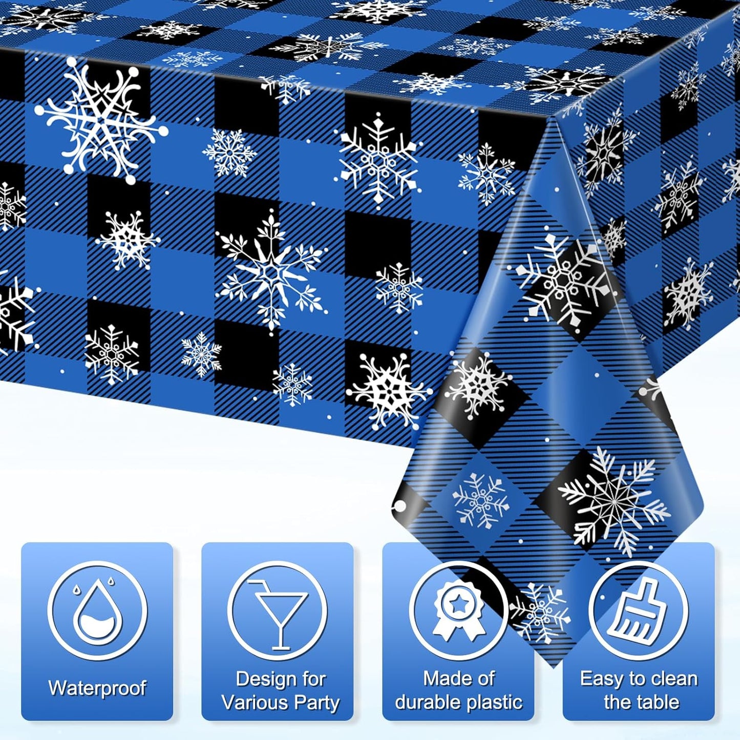 3Pcs Christmas Buffalo Plaid Snowflake Party Tablecloths Decorations,Plastic Black and Navy Blue Checkered Rectangle Table Cover for Winter Christmas Birthday Holiday Party Decorations,54x108 inch