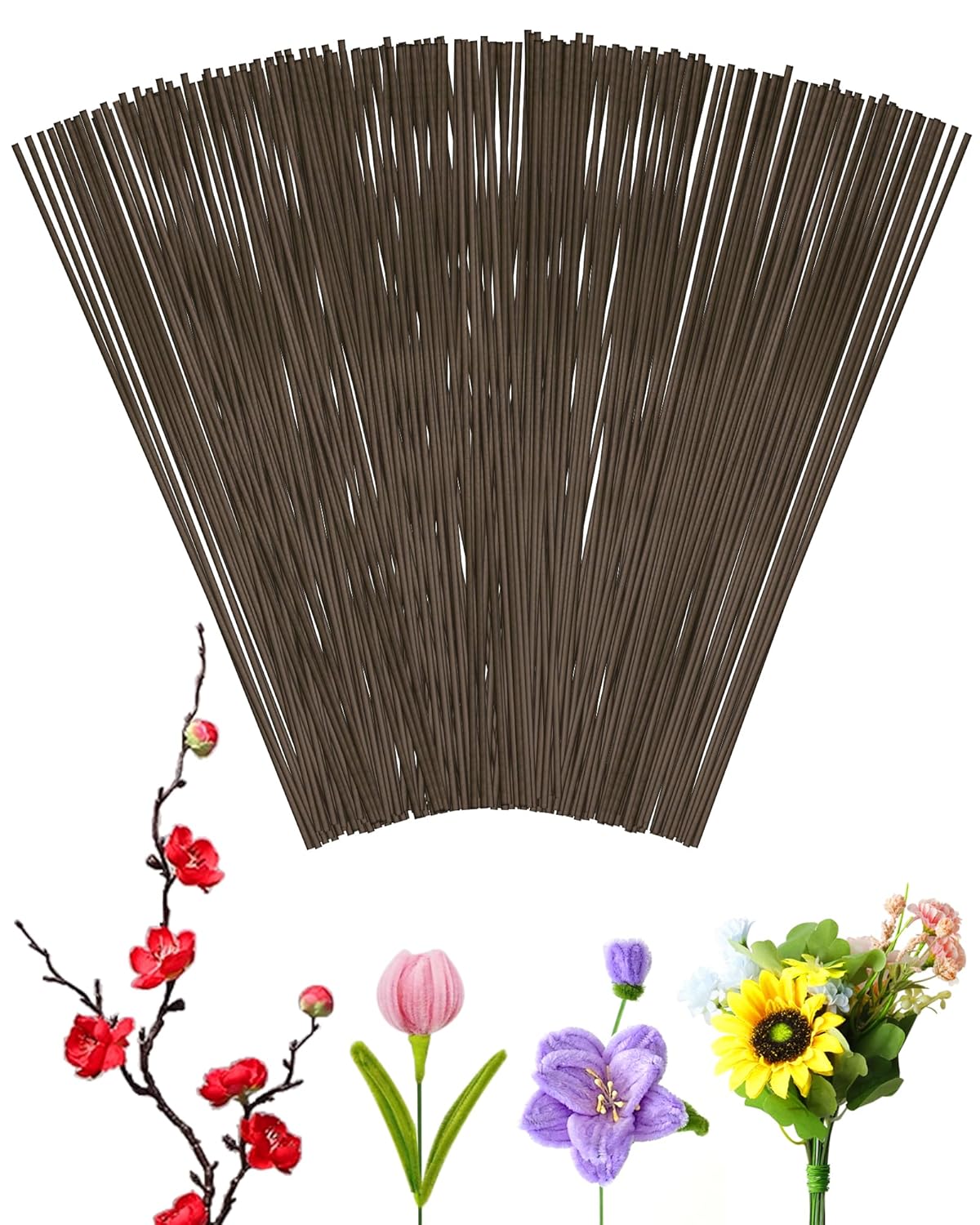 100 PCS FIVEIZERO 18 Gauge Brown Floral Wire Stems for Artificial Flower Making,Florist Wire,Flower Wires for Crafts,Alambre para Flores for Wreaths, Flower Arrangements and DIY Projects