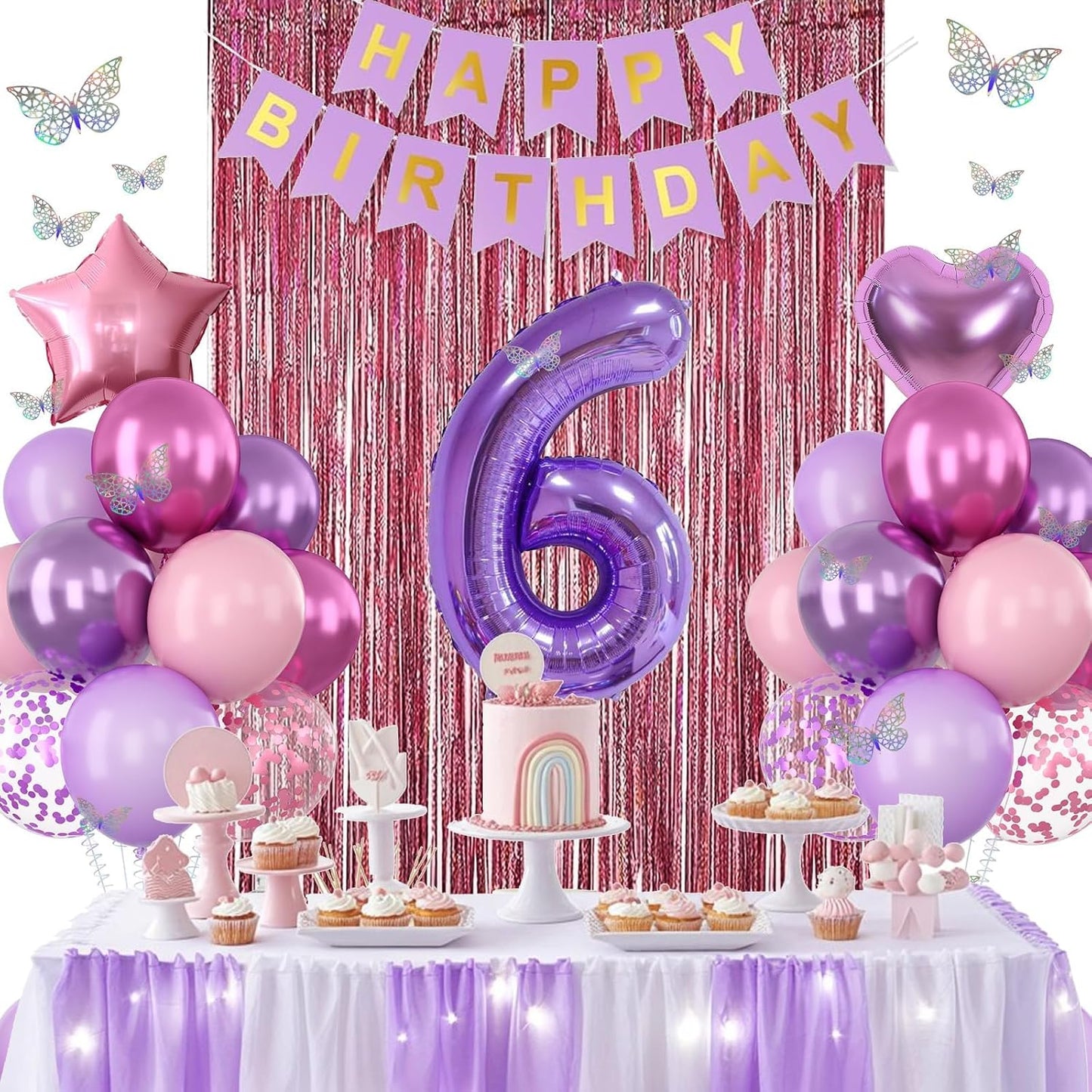 Pink Purple 6th Birthday Party Decorations for Girls Number 6 Balloon Happy Birthday Banner Butterfly Stickers Fringe Curtain Paper Pom Poms Metallic Hot Pink Star Foil Balloons 6 Year Old Princess