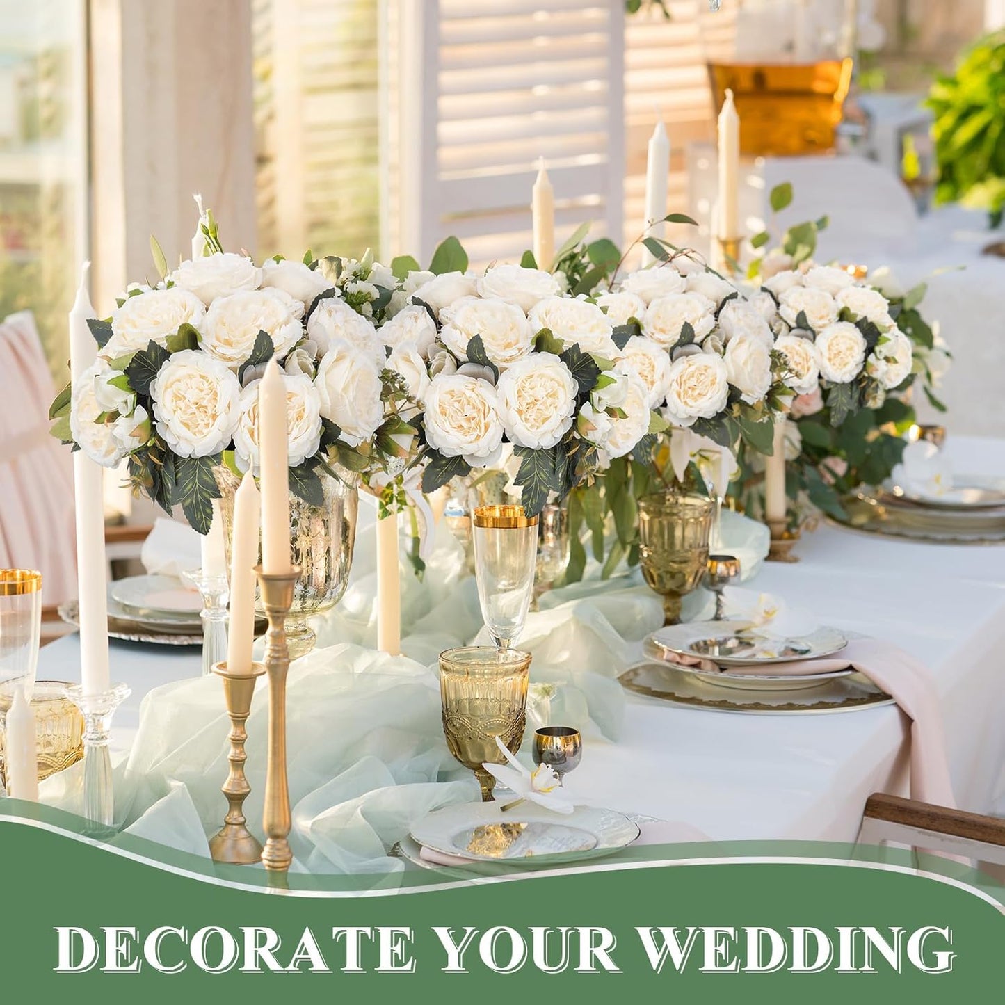 8 Bundles Artificial Peonies Flowers Boho Faux Flowers Arrangements Artificial Centerpiece Spring Bouquet Floral Wedding Decoration for Vase(Milk White)