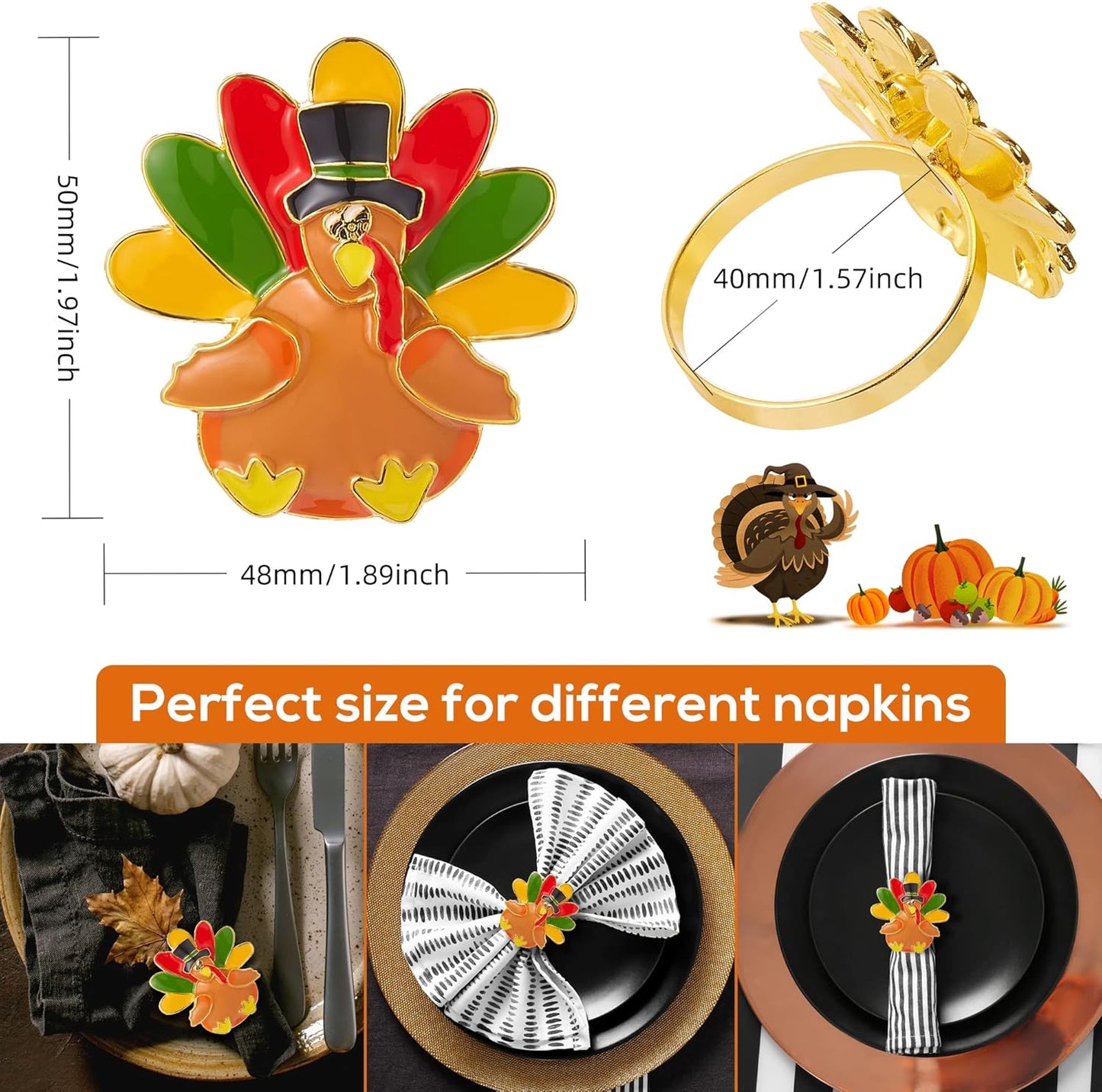 Halatool Thanksgiving Turkey Napkin Rings Set of 8, Alloy Fall Napkin Rings Dinner Tables Holders for Thanksgiving Weddings Holidays Gathering Dinner Party Decorations