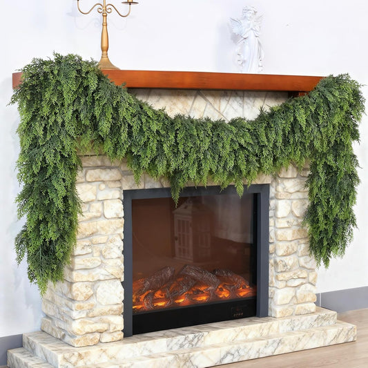 Christmas Cedar Garland - 9ft Artificial Cedar Garland Faux Lush Green Fake Pine Needles for Fireplace,Table,Window,Stairs,Mante,Holiday Indoor Outdoor Xmas Decor(2PCS)