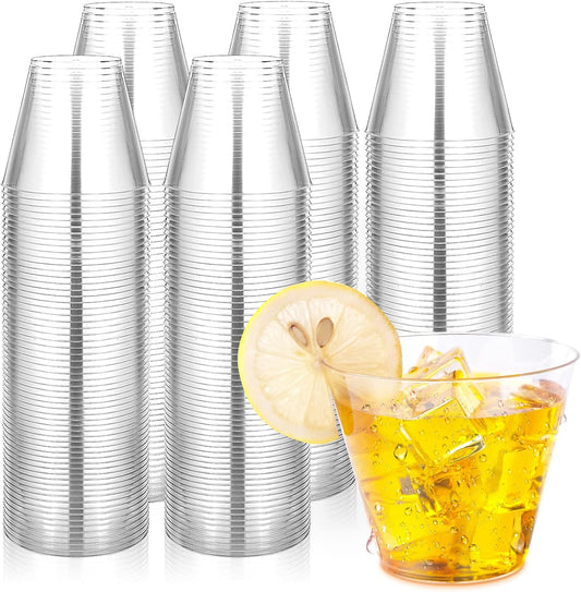200 Counts 9 OZ. Clear Hard Plastic Cups - Old Fashioned Party Tumblers, 9 Ounce Squat Cups for Party
