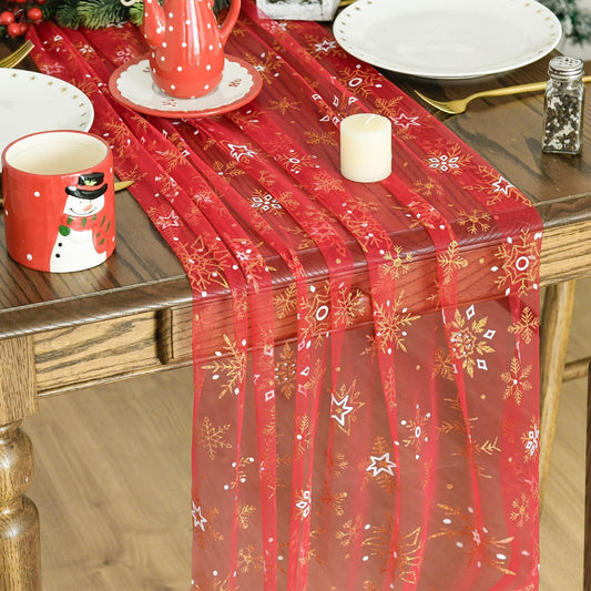 Artoid Mode Red Gold Snowflakes Christmas Gauze Table Runner 120 Inch 10FT, Winter Seasonal Sheer Dining Holiday Wedding Table Decor for Home Party