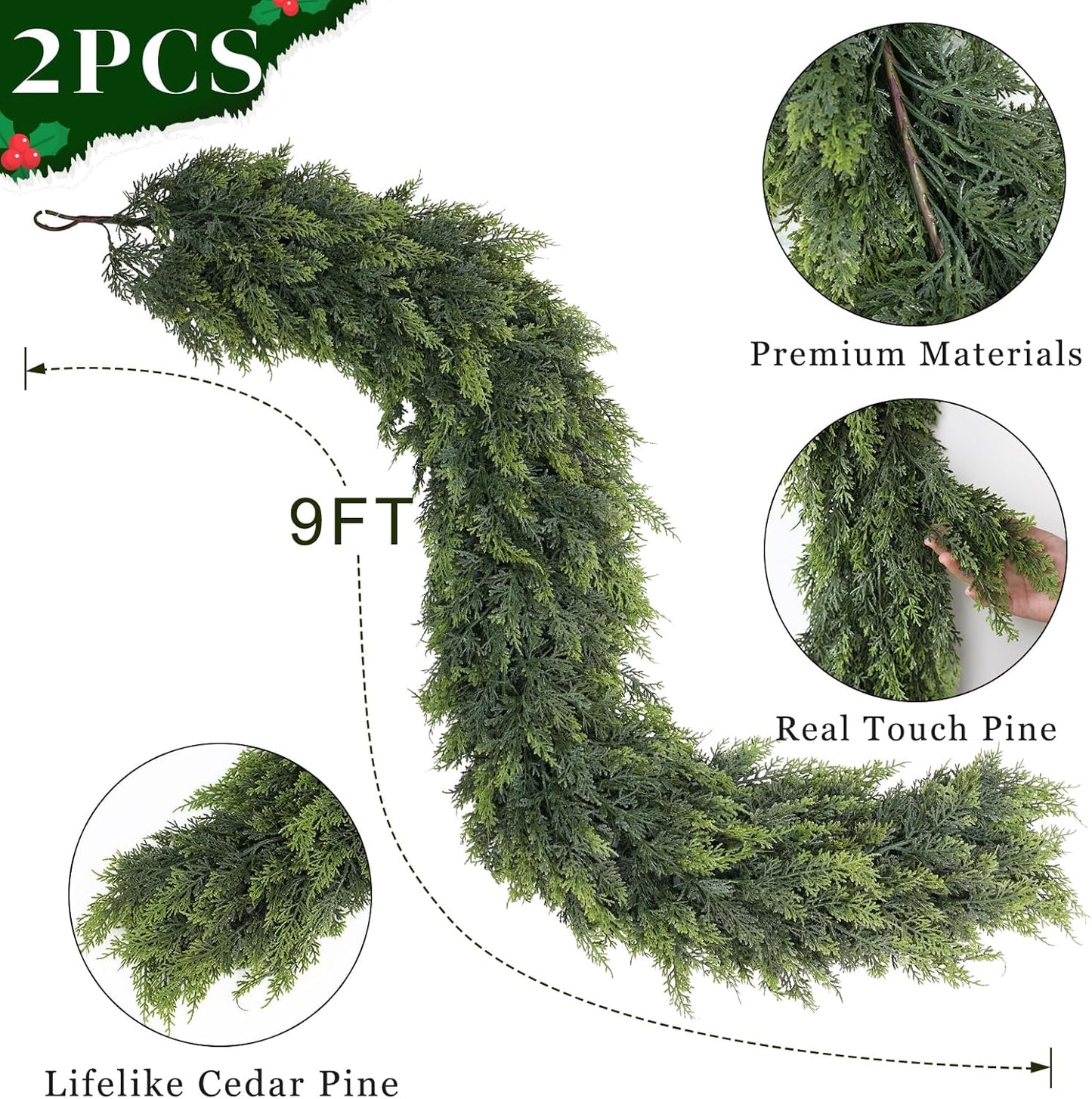 Real Touch Cedar Garland - Artificial Christmas Garlands Faux Green Cedar Fake Pine Needles Garland for Fireplace,Table, Stairs, Mantle, Window,Indoor Outdoor,Home,Holiday Decor(2 PCS,9 FT)