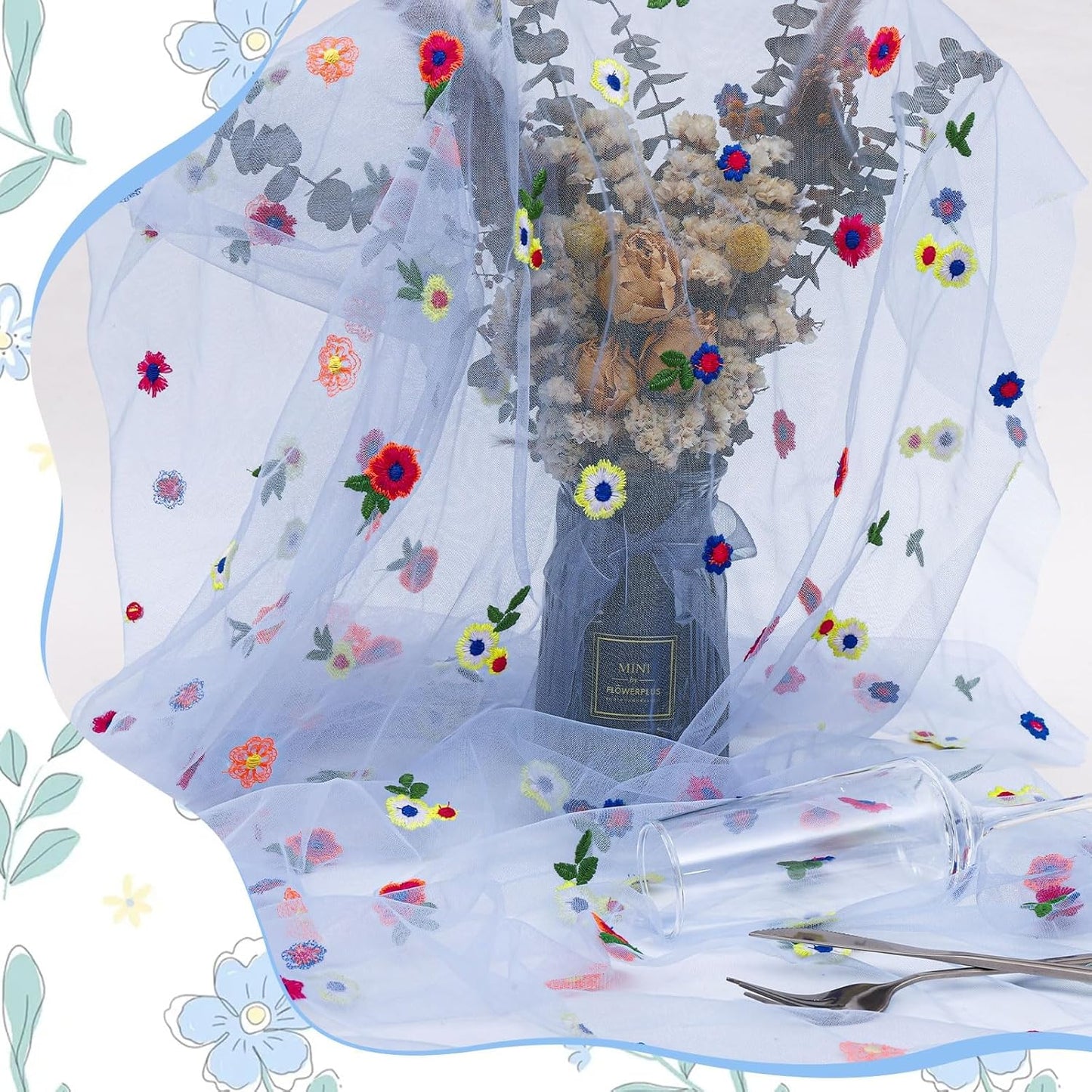 3PCS Blue Floral Table Runner 10 FT, Embroidery Daisy Table Runners Seasonal Sheer Tulle Table Runner for Thanksgiving Wedding Birthday Baby Shower Party ﻿