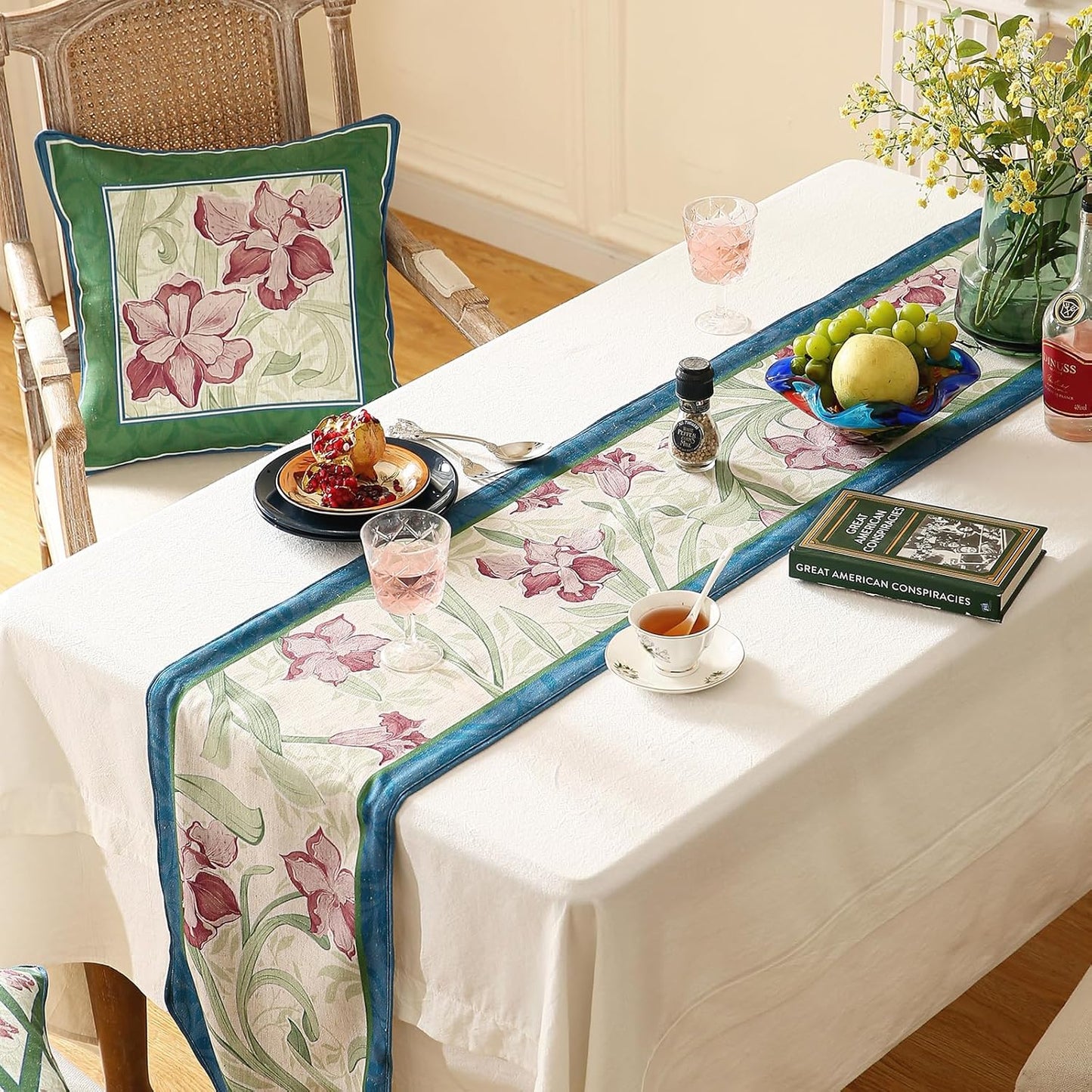 patdrea Designer Elegant Bright Linen Table Runner 71 Inch Long, Mauve Iris Floral Pattern Table Mat, Decoration for Kitchen Dining Table Coffee Table Shelf Cabinet Banquet Christmas ,12"*71"